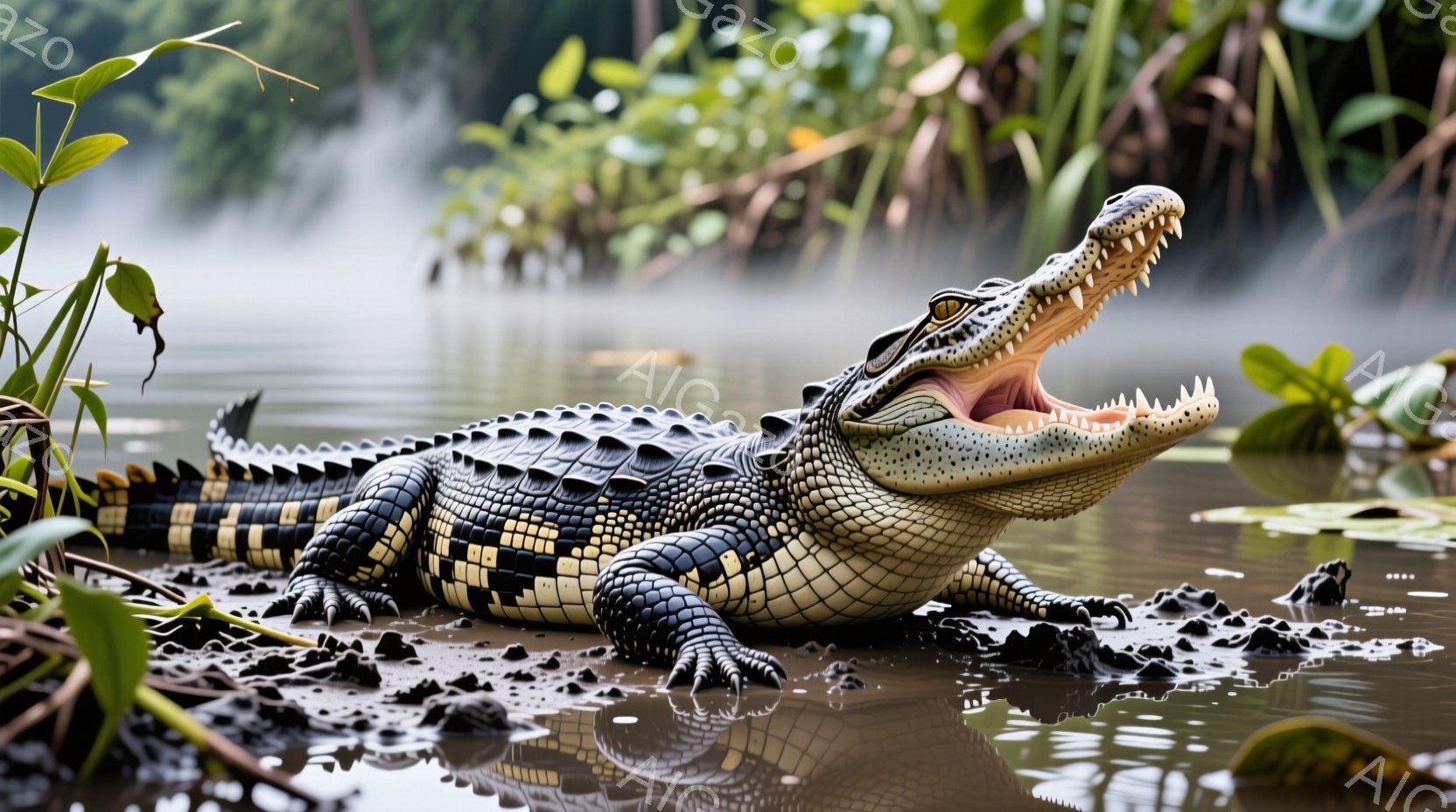 泥の岸辺に大きなワニが横たわっており、口を大きく開けて歯を見せています。周囲は緑豊かな植物に覆われ、水面には霧が立ち込めており、湿地帯の静かで神秘的な雰囲気が漂っています。ワニの模様は細かく、その力強さと存在感を際立たせています。