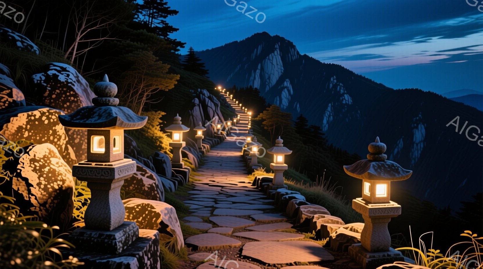 石畳の道が山腹を蛇行し、両脇に石灯籠が並んでいる。 灯籠の温かい光が、薄暗い道を照らし、神秘的な雰囲気を醸し出している。 背景には険しい山々と、夜空が広がり、静寂と荘厳さが感じられる。