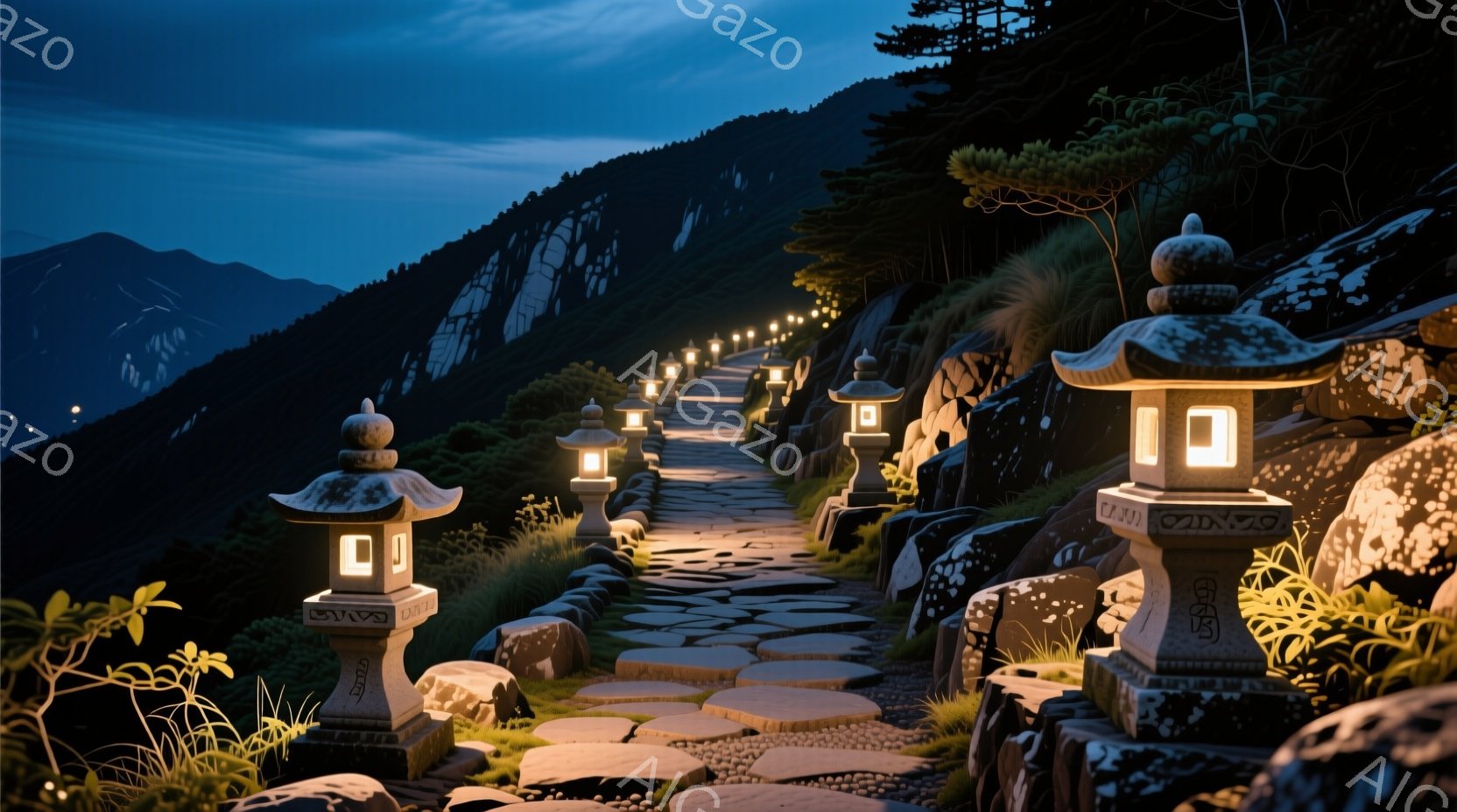 石畳の道が山腹を蛇行し、両脇に石灯籠が整然と並んでいる。暗闇の中で灯籠の温かい光が道を照らし、神秘的で静寂な雰囲気を醸し出している。背景には緑豊かな山々と暗い空が広がり、自然の美しさと静けさを強調している。