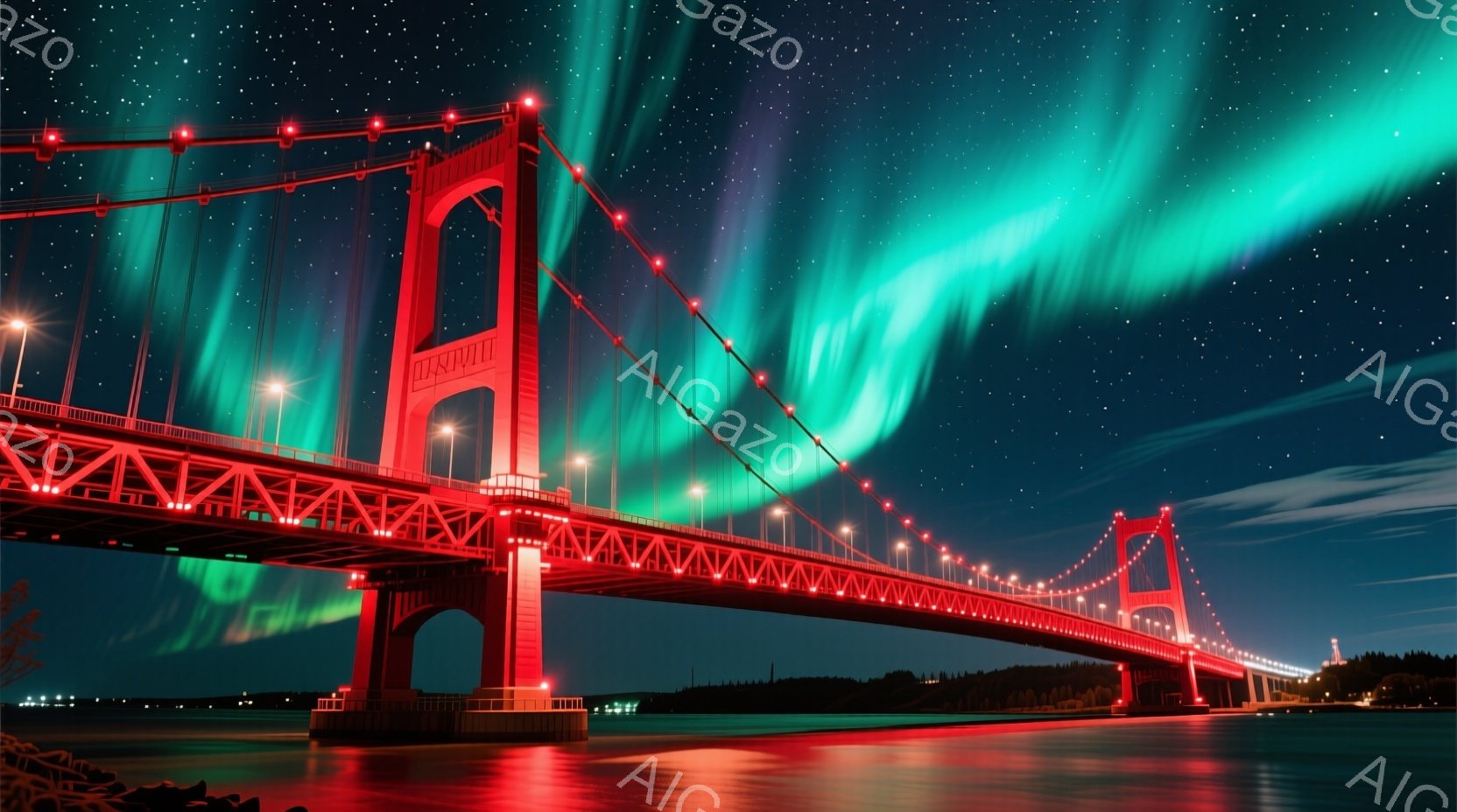 深夜、赤い橋が海上に堂々と架かり、その姿を水面に映し出している。鮮やかな緑色のオーロラが夜空を彩り、橋の赤い光とコントラストをなしている。背景には暗い陸地が見え、全体的に静かで神秘的な雰囲気を醸し出し - AI生成フリー素材