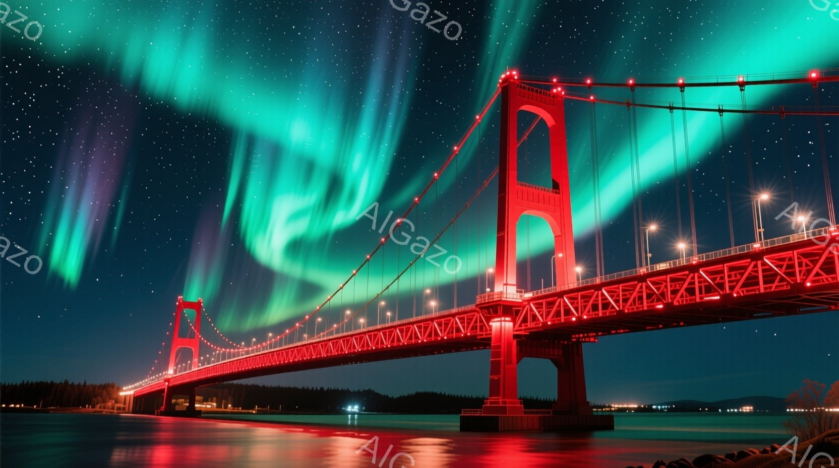 夜空には緑と紫のオーロラが壮大に広がり、その下には赤くライトアップされた美しい橋が広がっています。橋は水面を跨ぎ、遠くには街の明かりが点在しており、夜の静寂と自然の神秘的な光が調和した幻想的な光景です - AI生成フリー素材