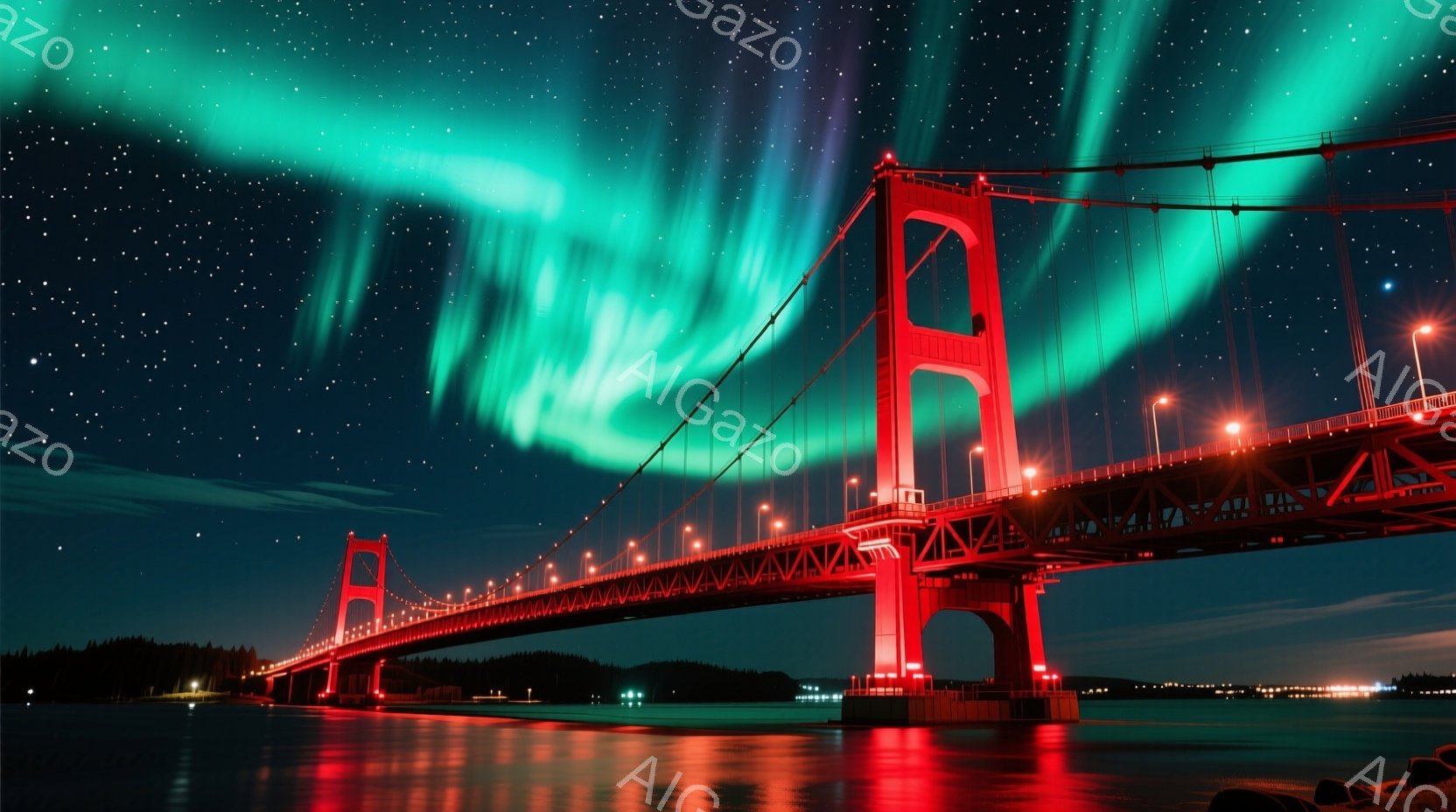 深い青色の空に、緑色のオーロラが壮大に広がっている。赤い橋が水面に映り込み、その光が水面を照らし出している。背景には暗いシルエットの木々と、遠くに見える街の明かりがぼんやりと見える、静かで幻想的な夜の - AI生成フリー素材