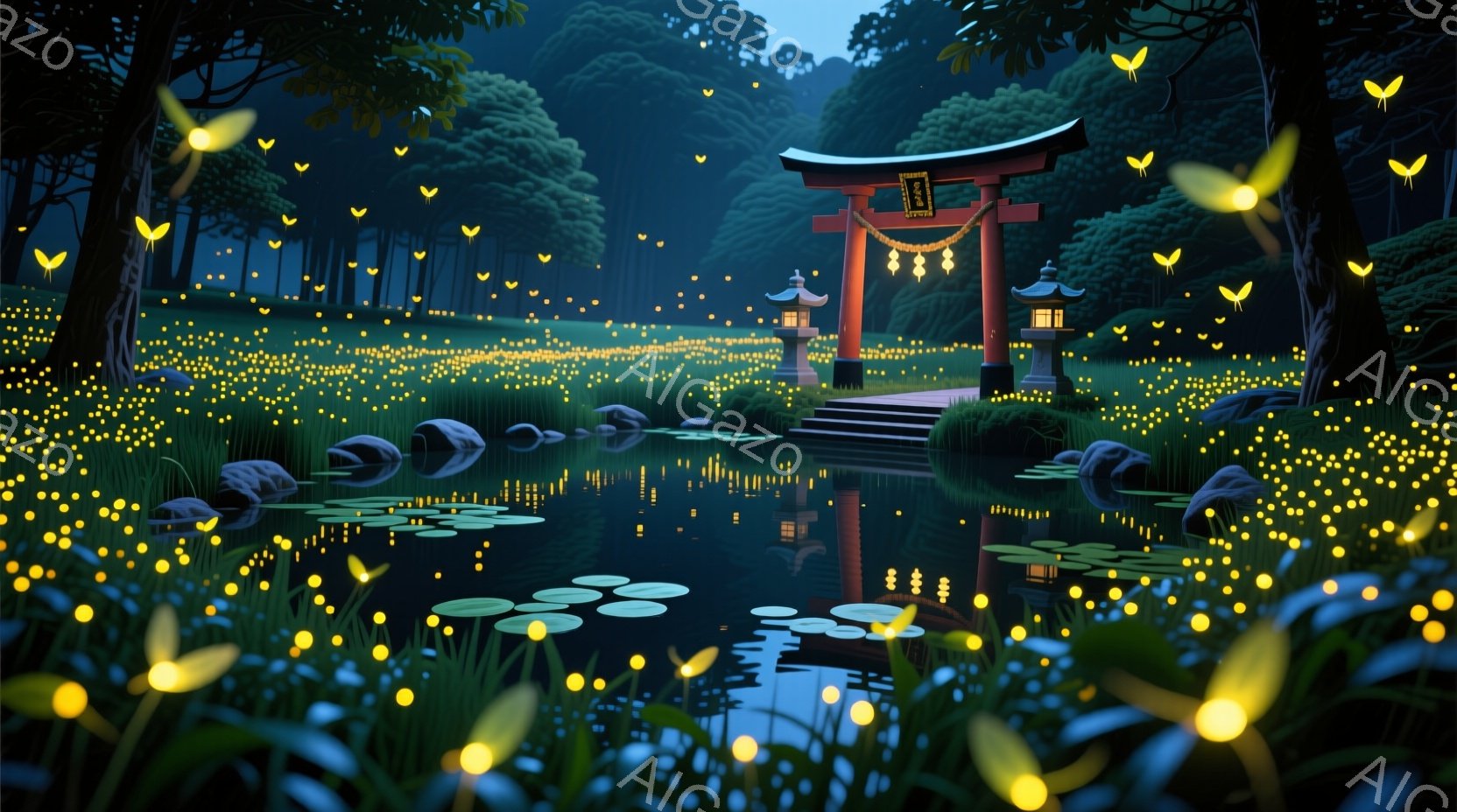 静かな池のほとりに赤い鳥居が佇み、夜空には無数の蛍が舞っている。水面には鳥居と周囲の緑が映り込み、幻想的な雰囲気を醸し出している。周囲の木々や蓮の葉が静寂を深め、穏やかな夜の風景を描いている。 - AI生成フリー素材