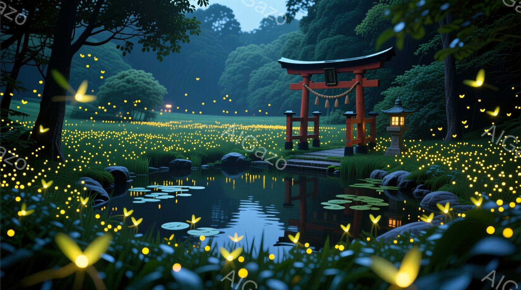 静かな池のほとりに赤い鳥居が佇み、周囲には無数の光るホタルが舞っている。水面には鳥居とホタルが映り込み、幻想的な雰囲気を醸し出している。緑豊かな木々が生い茂り、穏やかな夜の自然を感じさせる美しい光景である。