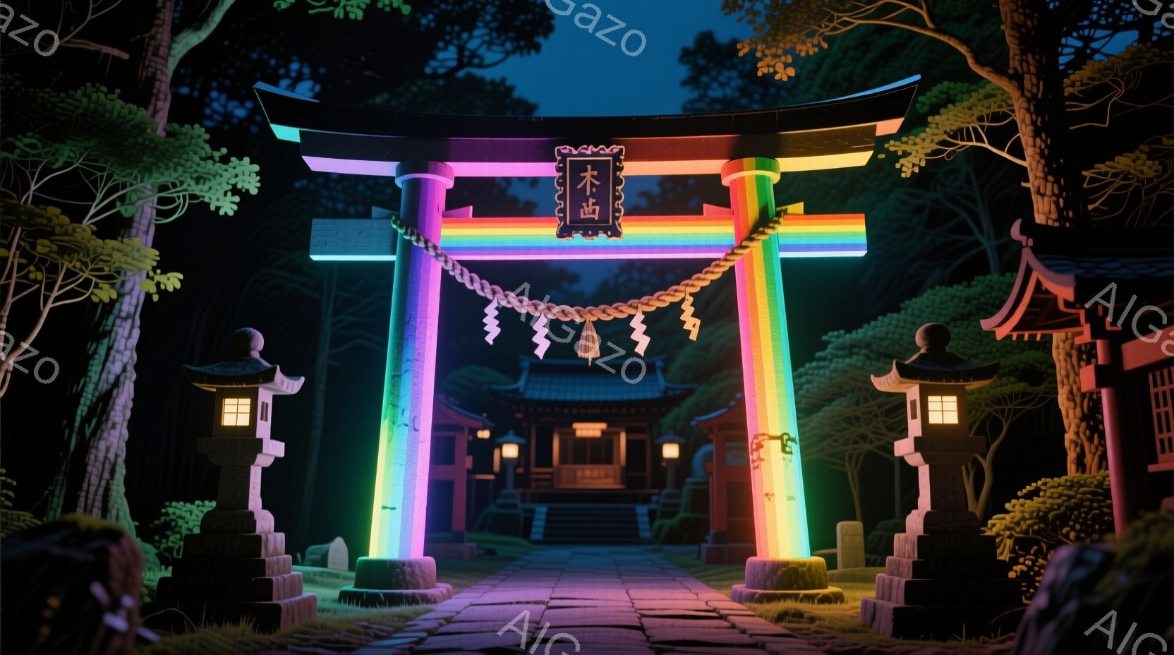 鮮やかな虹色の鳥居が、石畳の参道にそびえ立っています。背景には、屋根瓦が赤く輝く神社本殿と、緑豊かな木々が見え、幻想的な雰囲気を醸し出しています。夜の静寂が感じられ、鳥居から漏れる光が神秘的な空間を照 - AI生成フリー素材