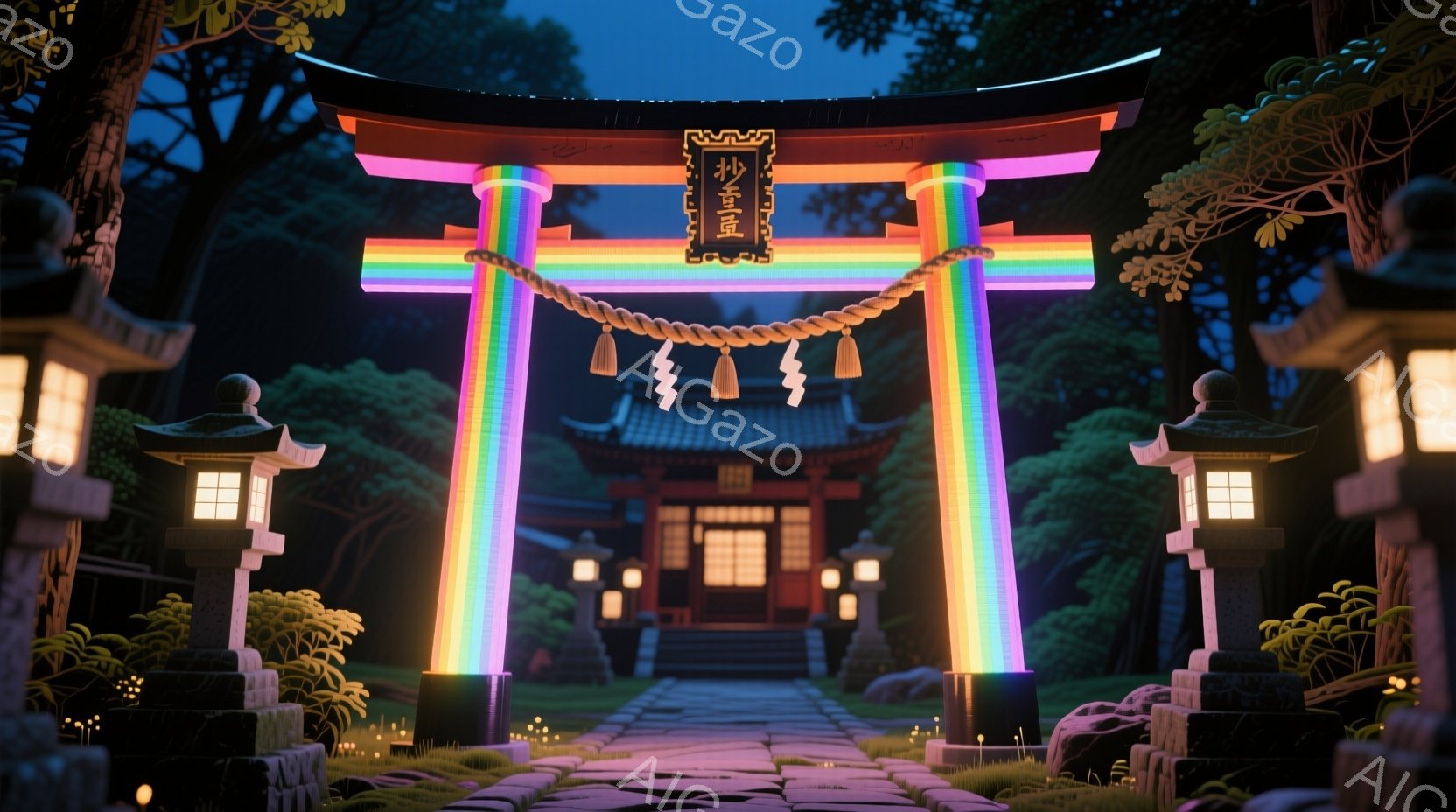 夜の神社の一角が描かれており、鳥居は虹色に輝いている。石畳の道と両脇の提灯が、神聖で幻想的な雰囲気を醸し出している。背景には暗い森と、ぼんやりと見える本殿が確認でき、静かで神秘的な空間が広がっている。 - AI生成フリー素材