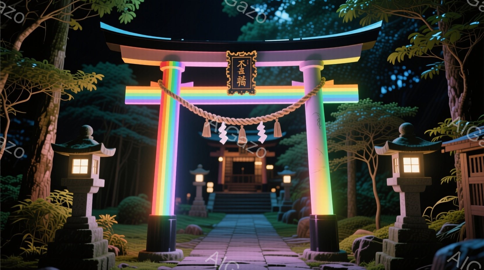 虹色に輝く鳥居が描かれており、夜の静かな神社へと続く石畳の道が印象的です。鳥居の奥には、薄明かりの中に神社の建物が見え、周囲は緑豊かな木々や岩で囲まれています。全体的に幻想的で神秘的な雰囲気が漂い、訪 - AI生成フリー素材