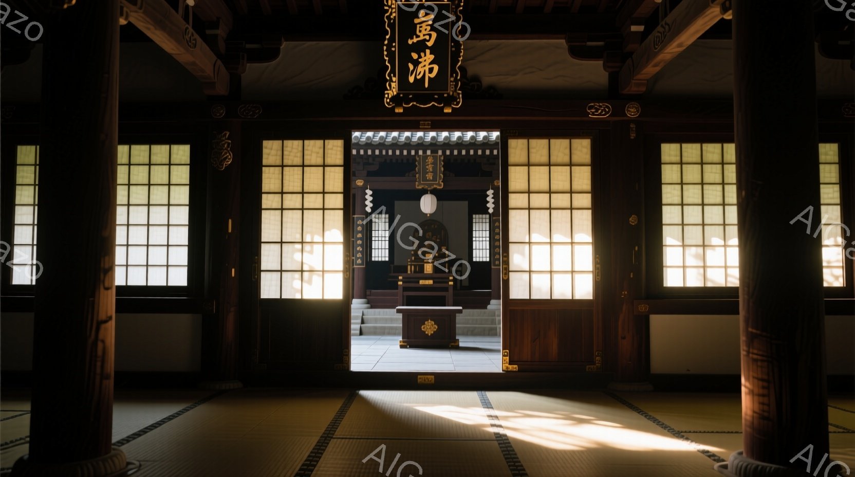 畳敷きの廊下から、木製の柱が立ち並び、奥には仏壇が置かれた部屋が見える。部屋は障子戸で明るく照らされ、仏壇の上には「佛」という文字が書かれた掛け軸が飾られている。全体的に静寂で厳かな雰囲気が漂い、古都の寺院の一角を思わせる。