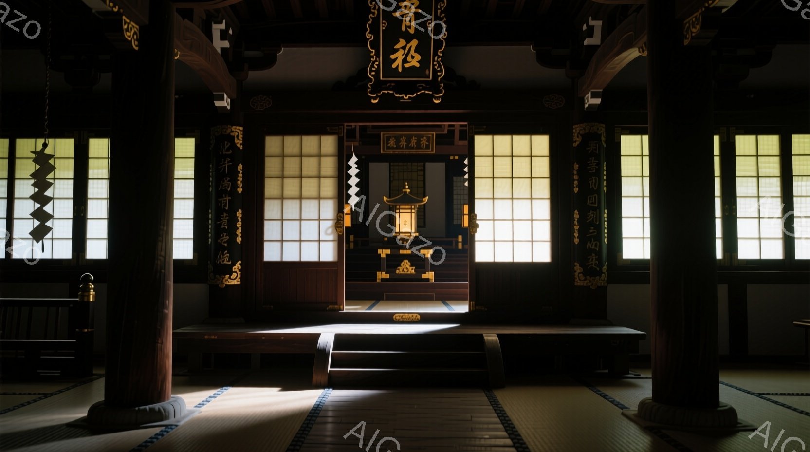 広大な寺院の内部で、畳敷きの床に光が差し込み、荘厳な雰囲気を醸し出している。奥には木製の祭壇が設置されており、静寂と神聖さが感じられる。柱や壁には精緻な彫刻が施されており、日本の伝統的な建築美が際立っている。