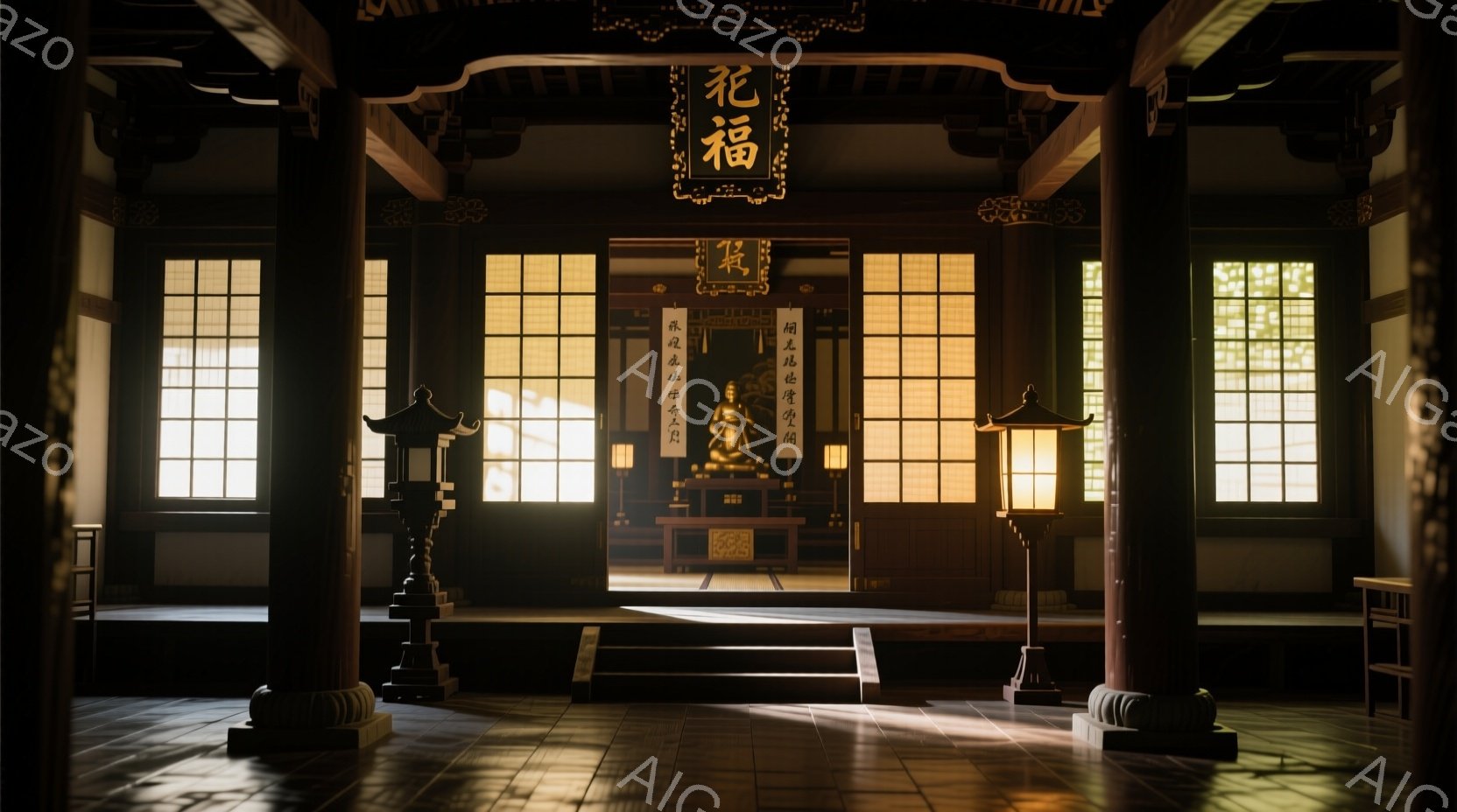 寺院の内部で、仏像が祭壇に鎮座している様子が捉えられています。木製の柱と障子戸が暖かく落ち着いた光を室内へ導き込み、荘厳な雰囲気を醸し出しています。祭壇には花瓶やろうそくが置かれ、静寂と平和が漂う空間です。