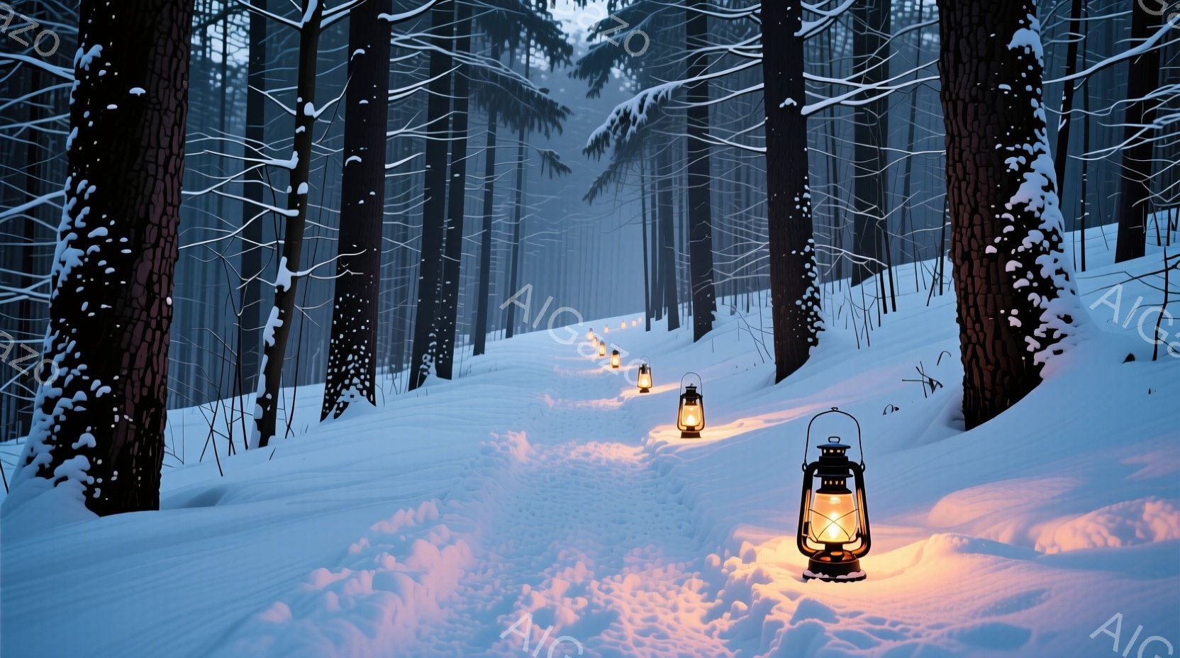 深い雪に覆われた森林の中を、光を灯したランタンが並ぶ道が続いている。木々は高く立ち並び、雪の輝きとランタンの暖かい光が幻想的な雰囲気を醸し出している。背景は薄暗く、雪の降る冬の夜を思わせる静寂と神秘的 - AI生成フリー素材