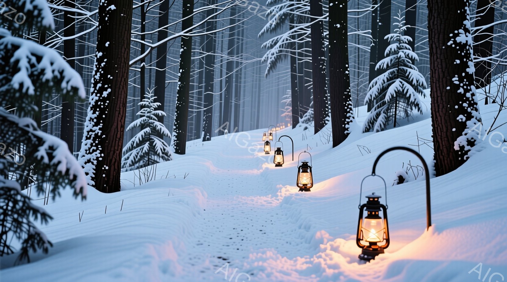 雪に覆われた森林の中を、古いランプが灯された道が伸びています。周囲は高くそびえる針葉樹に囲まれ、雪は静寂と厳しさを強調しています。ランプの温かい光は、暗い冬の風景に幻想的な雰囲気を添えています。 - AI生成フリー素材