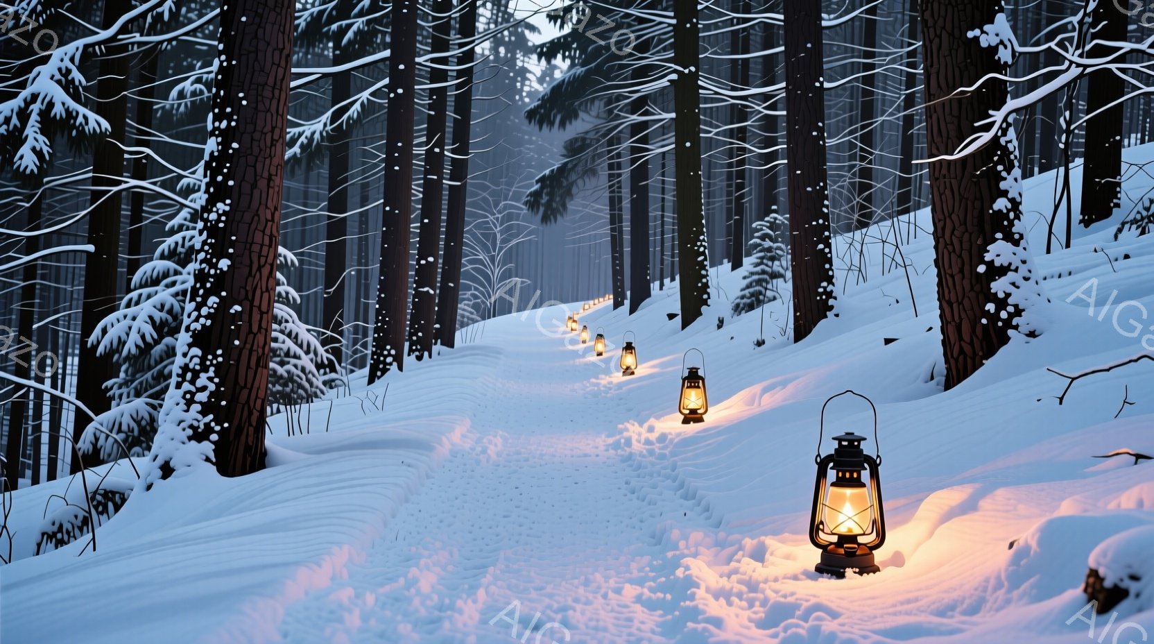 雪に覆われた森林の中を、温かい光を放つランタンが並んだ道が続いている。雪は深く、足跡が点々と続いており、静寂で幻想的な雰囲気が漂っている。木々は高く立ち並び、雪を被った姿が冬の厳しさと美しさを際立たせ - AI生成フリー素材