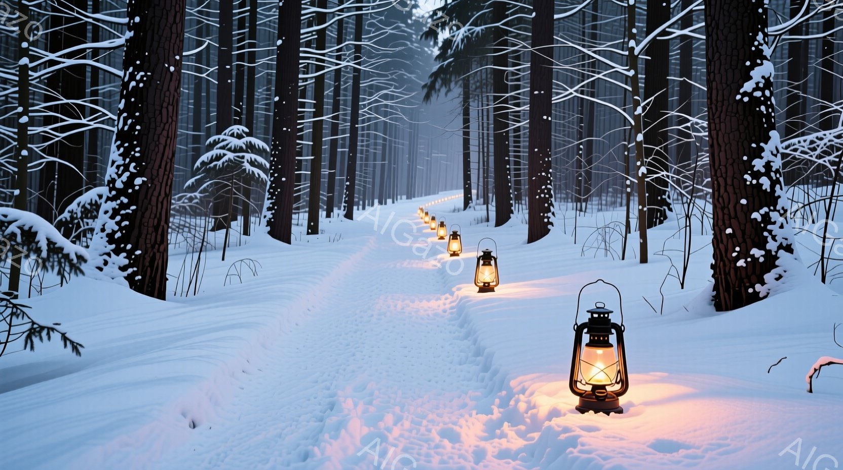 雪深い森の中を、灯りが並ぶ足跡が奥へと続いています。両側の木々は雪をまとい、白銀の世界が広がっています。薄暗い光と雪のコントラストが、静寂で神秘的な雰囲気を醸し出しています。 - AI生成フリー素材