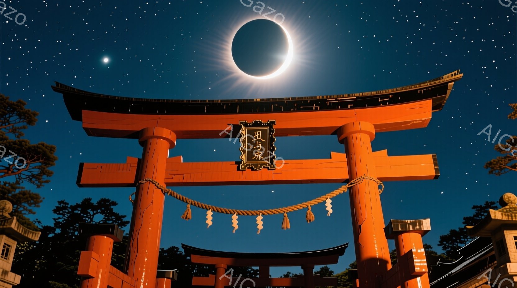 深い青色の夜空を背景に、鮮やかな朱色の鳥居がそびえ立っています。鳥居には「出雲大社」と書かれた木札が飾られ、その下には縄が垂れ下がっています。周囲には暗い緑色の木々が見え、薄暗い建物がシルエットとして - AI生成フリー素材