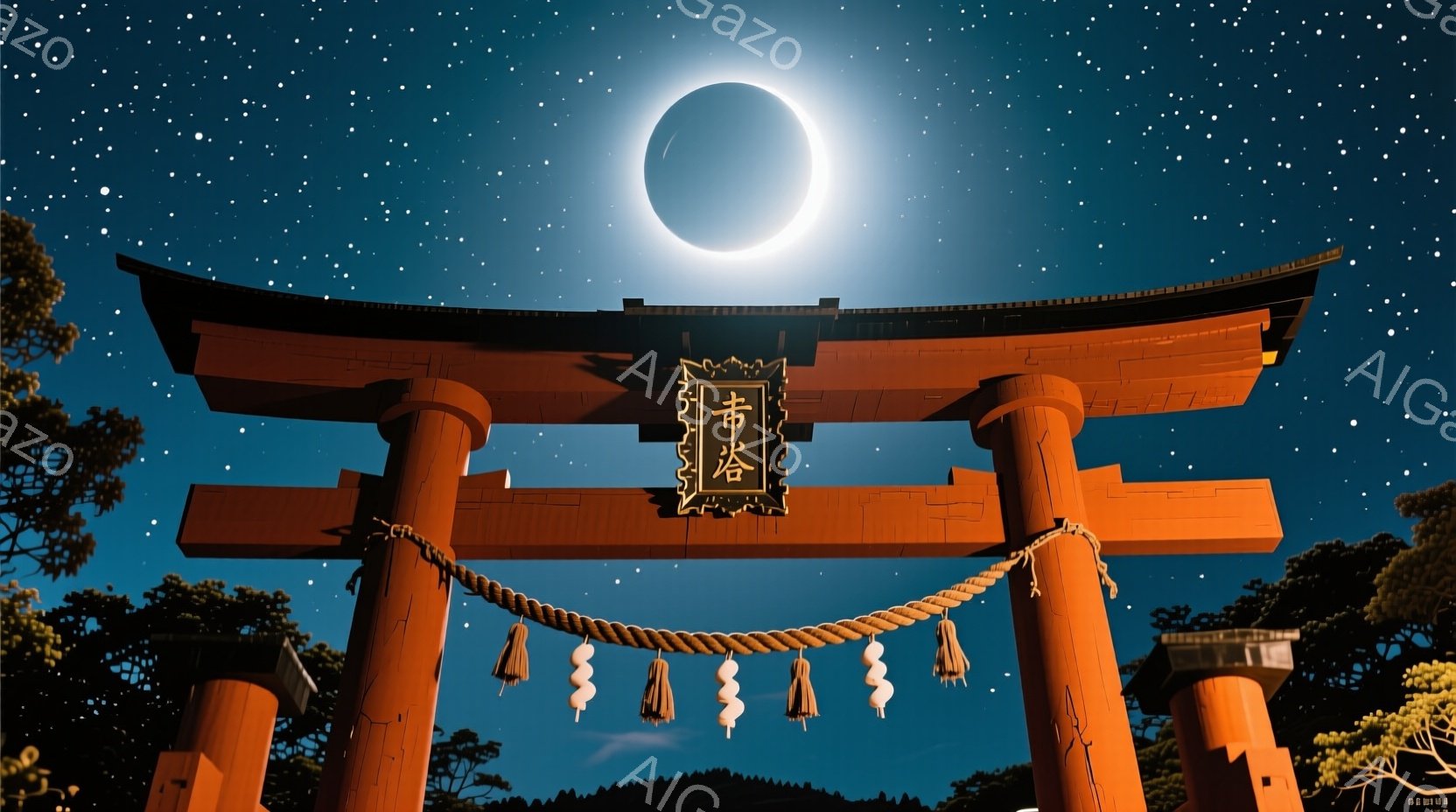 朱色の鳥居が画面中央に聳え立ち、その上には文字が書かれた木札が吊り下げられています。深い青色の夜空には満月が輝き、鳥居の周囲には緑豊かな木々が背景として広がっています。全体的に静寂で神秘的な雰囲気が漂 - AI生成フリー素材