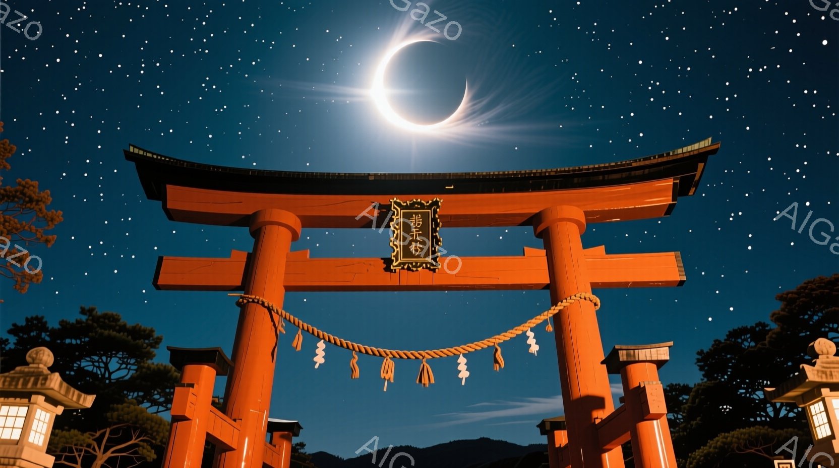 真っ赤な鳥居が夜空の下にそびえ立ち、その奥には山並みがぼんやりと見える。満月の光が鳥居を照らし、星空と相まって幻想的な雰囲気を醸し出している。左側には石灯籠が配置され、全体的に静寂で神秘的な印象を与え - AI生成フリー素材