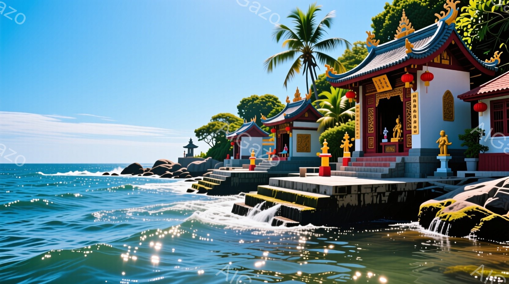 海岸線に沿って赤と金色の美しい寺院が建っており、複雑な彫刻と屋根の装飾が施されています。寺院の前に流れる滝と、海岸の波が光を反射し、穏やかで神聖な雰囲気を醸し出しています。鮮やかな緑の植生と青い空が、この絵のような風景をさらに引き立てています。