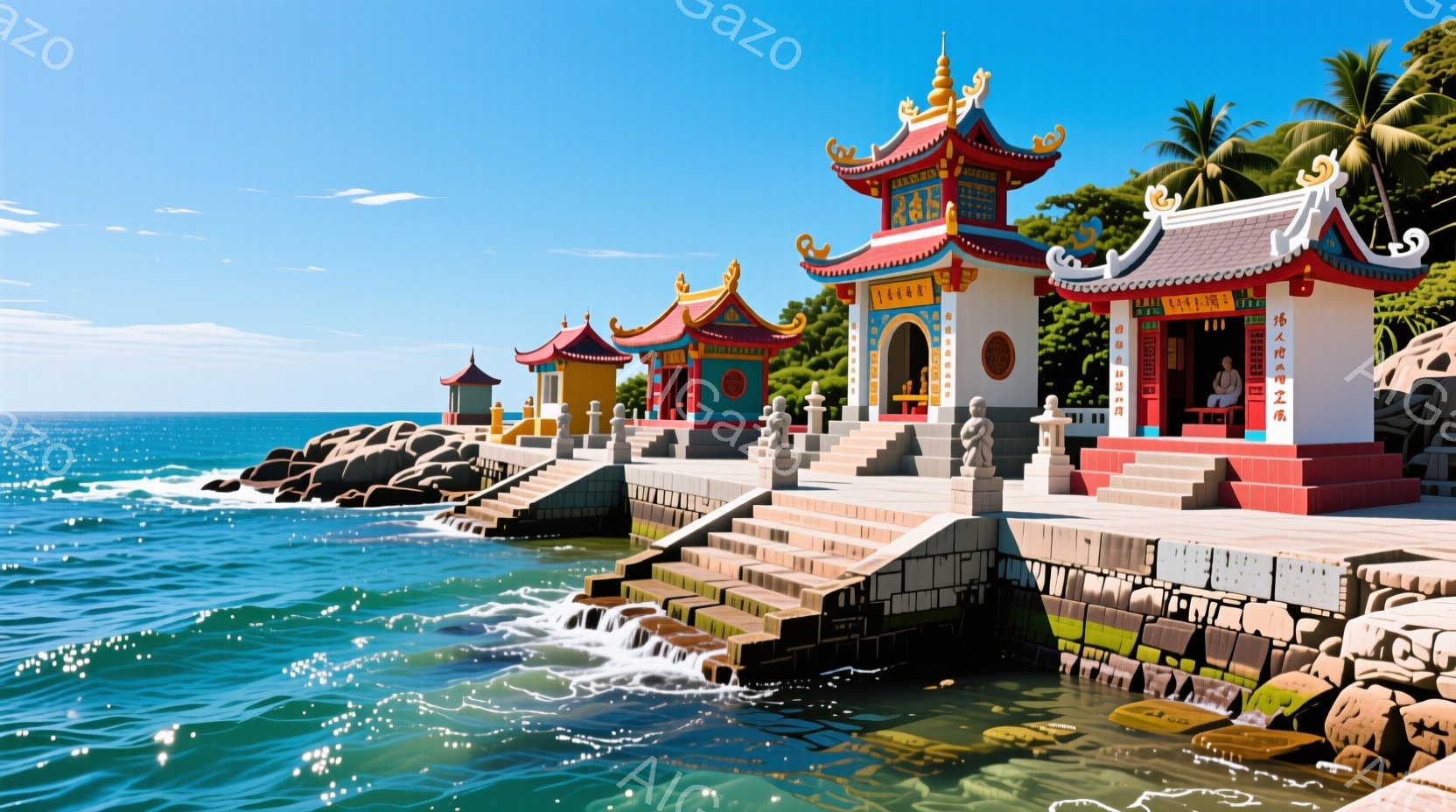 海岸に沿って鮮やかな赤と金の寺院が並び、階段が海へと続いている。寺院の周りには緑豊かな植物と岩があり、水は青く澄んでおり、波が穏やかに打ち寄せている。全体的に、静かで平和な雰囲気で、太陽の光が寺院と海を照らし、美しいコントラストを生み出している。