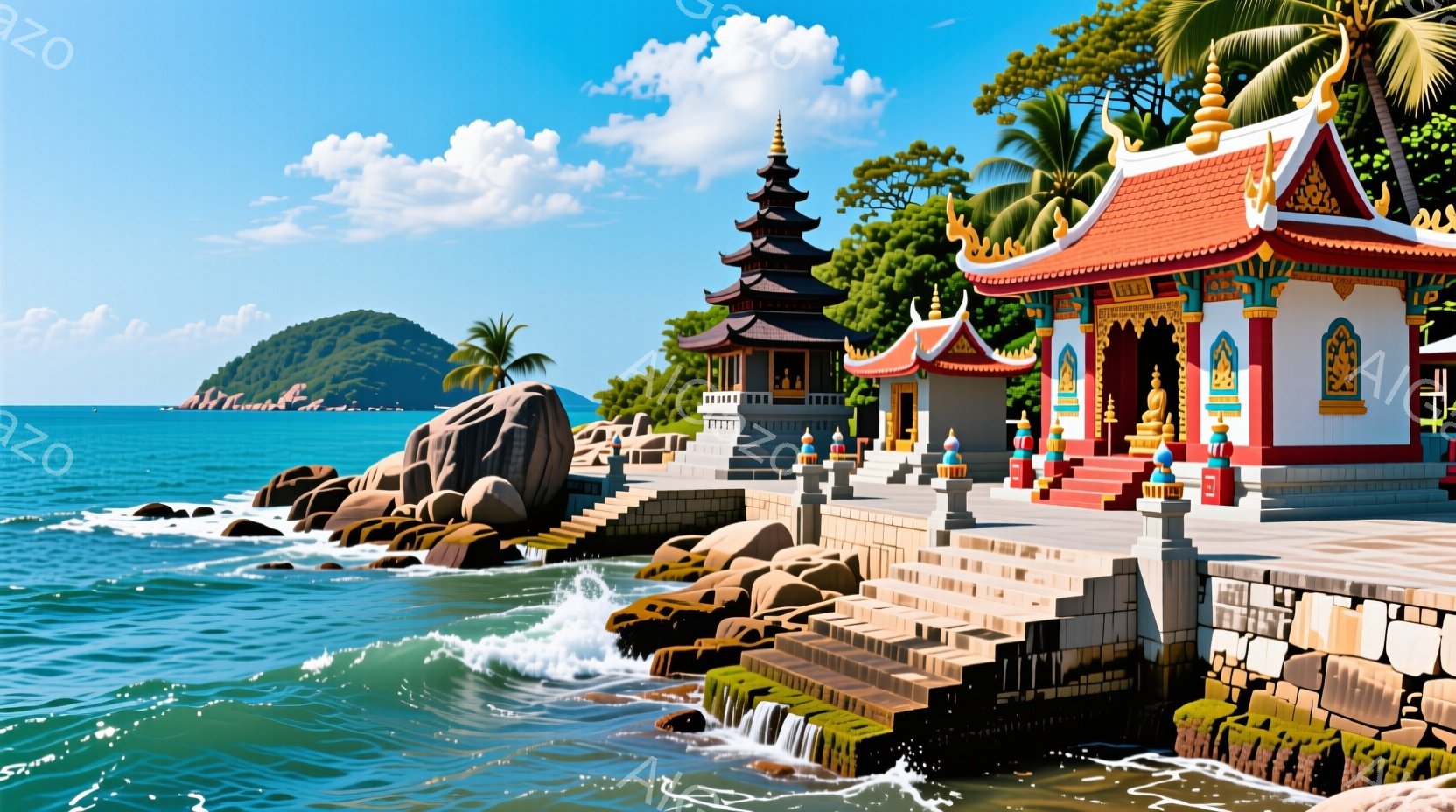 海岸線に沿ってカラフルなタイ風の寺院が建っており、石段が海へと続いている。寺院は赤、金、白を基調とした鮮やかな色彩で彩られ、複雑な彫刻が施されている。背景には緑豊かな丘と青い海が広がり、晴天の空が寺院を明るく照らしている。