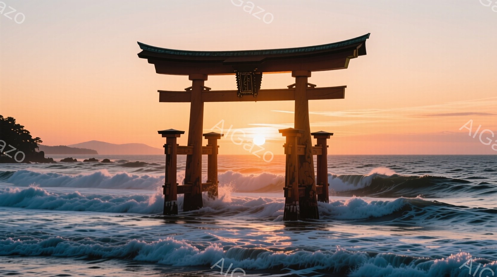 海中にそびえ立つ朱色の鳥居が印象的な光景です。夕焼け空が鳥居を背景に燃えるように輝き、波が鳥居の柱を囲むように打ち寄せ、荘厳な雰囲気を醸し出しています。遠景には山々がぼんやりと見え、穏やかさと力強さが - AI生成フリー素材