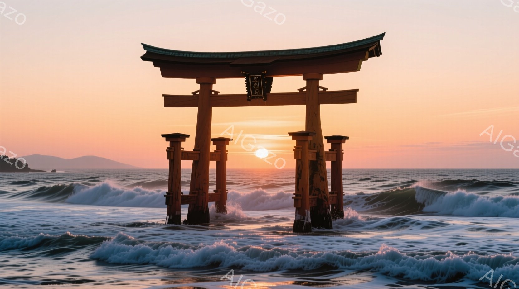 海中に立つ朱色の鳥居が印象的な光景です。夕焼け空を背景に、波が鳥居の周りを囲み、神聖でありながら力強い雰囲気を醸し出しています。遠景には山々が見え、穏やかさと荘厳さが共存する、日本の風景を象徴する一枚 - AI生成フリー素材