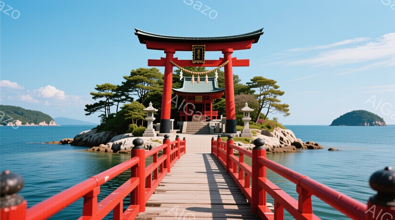 鮮やかな朱色の鳥居が、青い海に浮かぶ小さな島に建っている。木製の橋が鳥居へと繋がり、周囲には緑豊かな松林が広がっている。穏やかな晴天で、静かで神聖な雰囲気が漂っている。