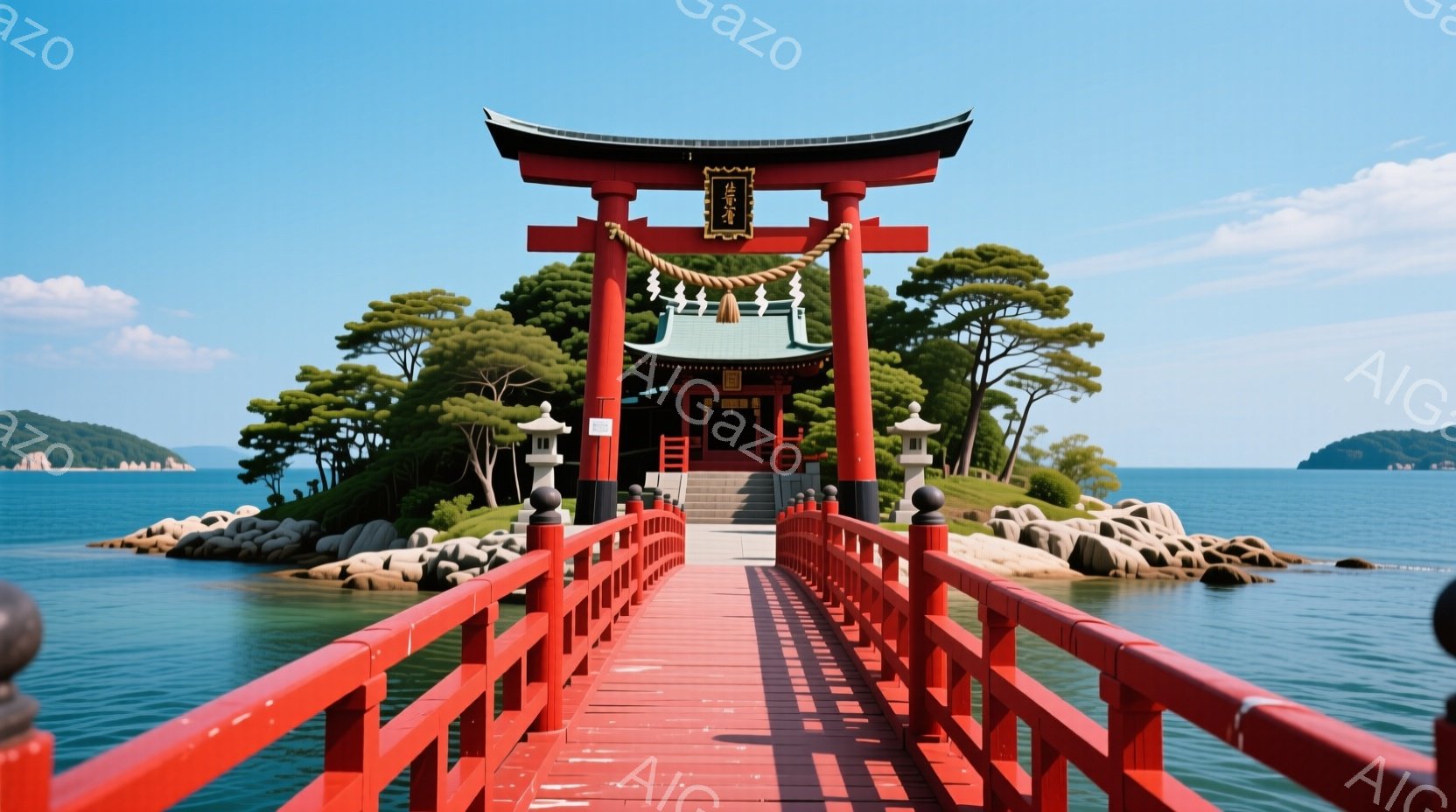 真っ赤な鳥居と朱色の橋が印象的な風景です。橋は青い海の上に伸びており、鳥居の奥には緑豊かな島と社が見えます。晴天の下、穏やかな海と緑、そして鮮やかな赤色が調和し、静かで神聖な雰囲気を醸し出しています。 - AI生成フリー素材