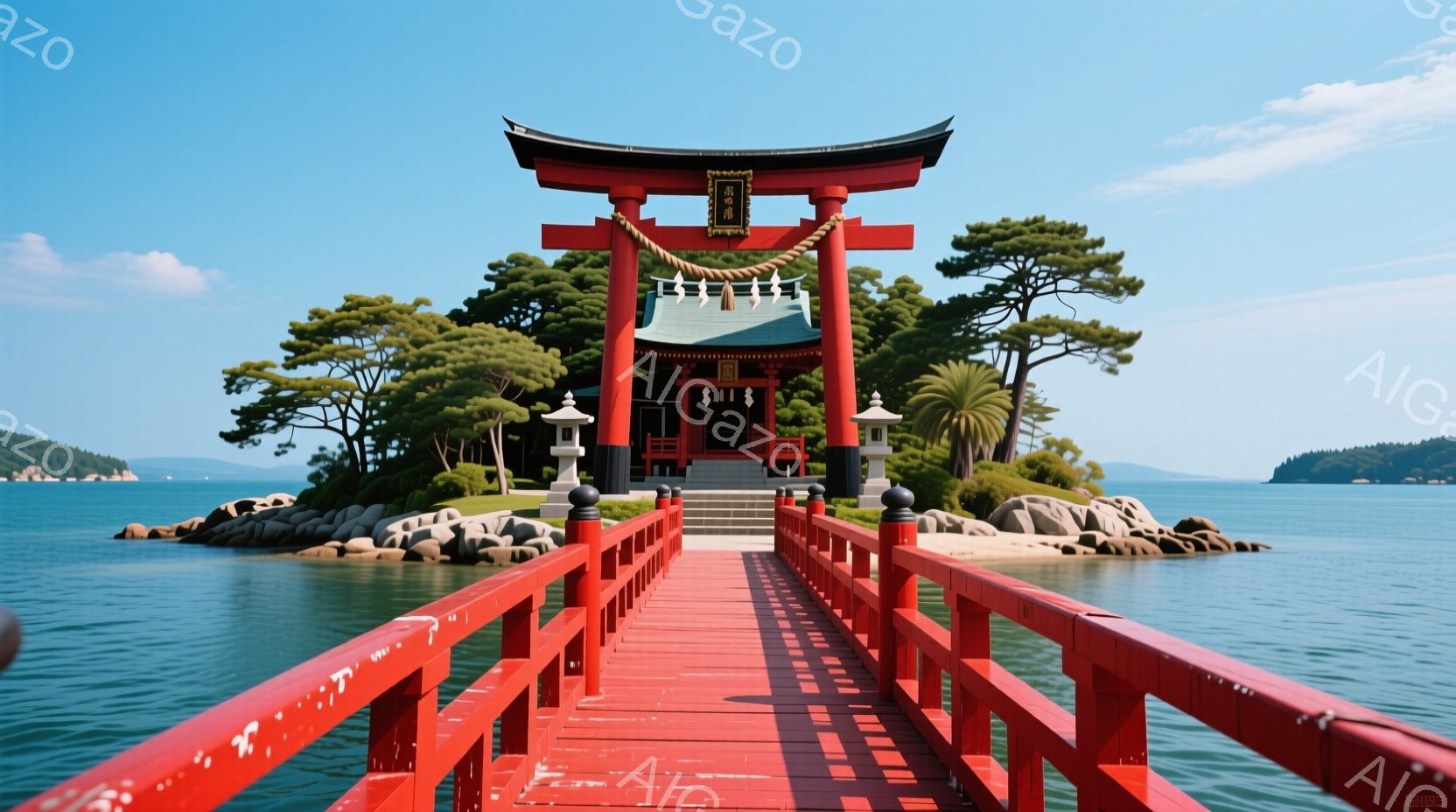 赤い鳥居が海に浮かぶ島に架かる橋が印象的な風景です。緑豊かな木々が生い茂る島は、静かで穏やかな雰囲気を醸し出しており、晴天の下、水面は穏やかに輝いています。全体的に、自然の美しさと伝統的な日本の建築が - AI生成フリー素材