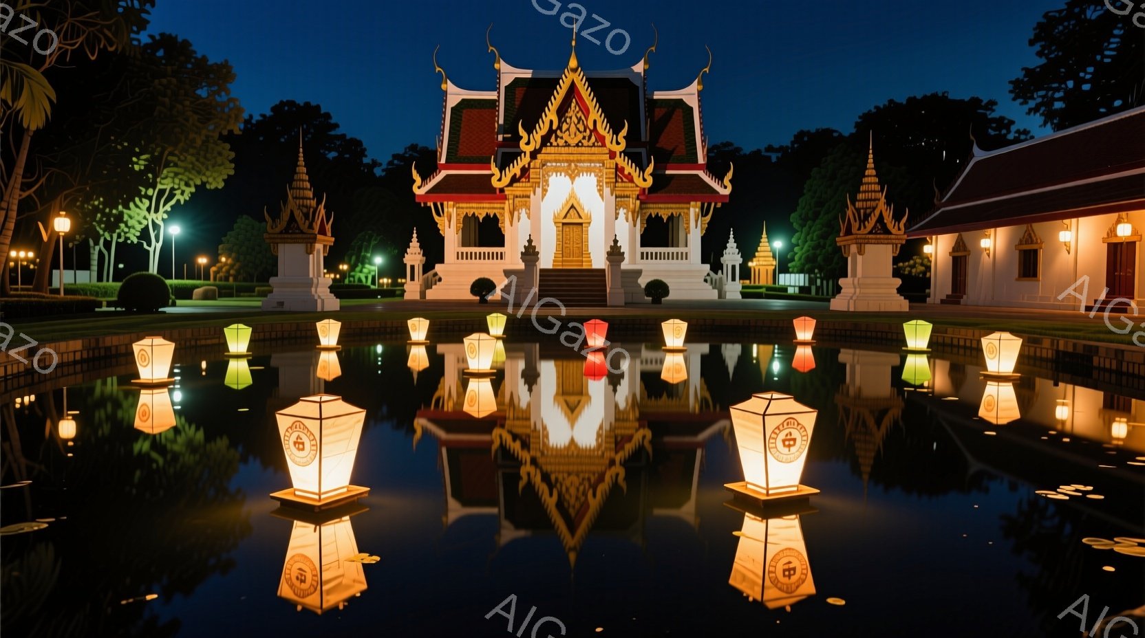 夜間の寺院の池に、無数の提灯が水面に反射し、幻想的な光景が広がっています。寺院は豪華な装飾が施され、伝統的なタイ建築様式が際立っており、夜空を背景に荘厳な印象を与えます。暗い水面と提灯の光が組み合わさり、静寂で神秘的な雰囲気を醸し出しています。
