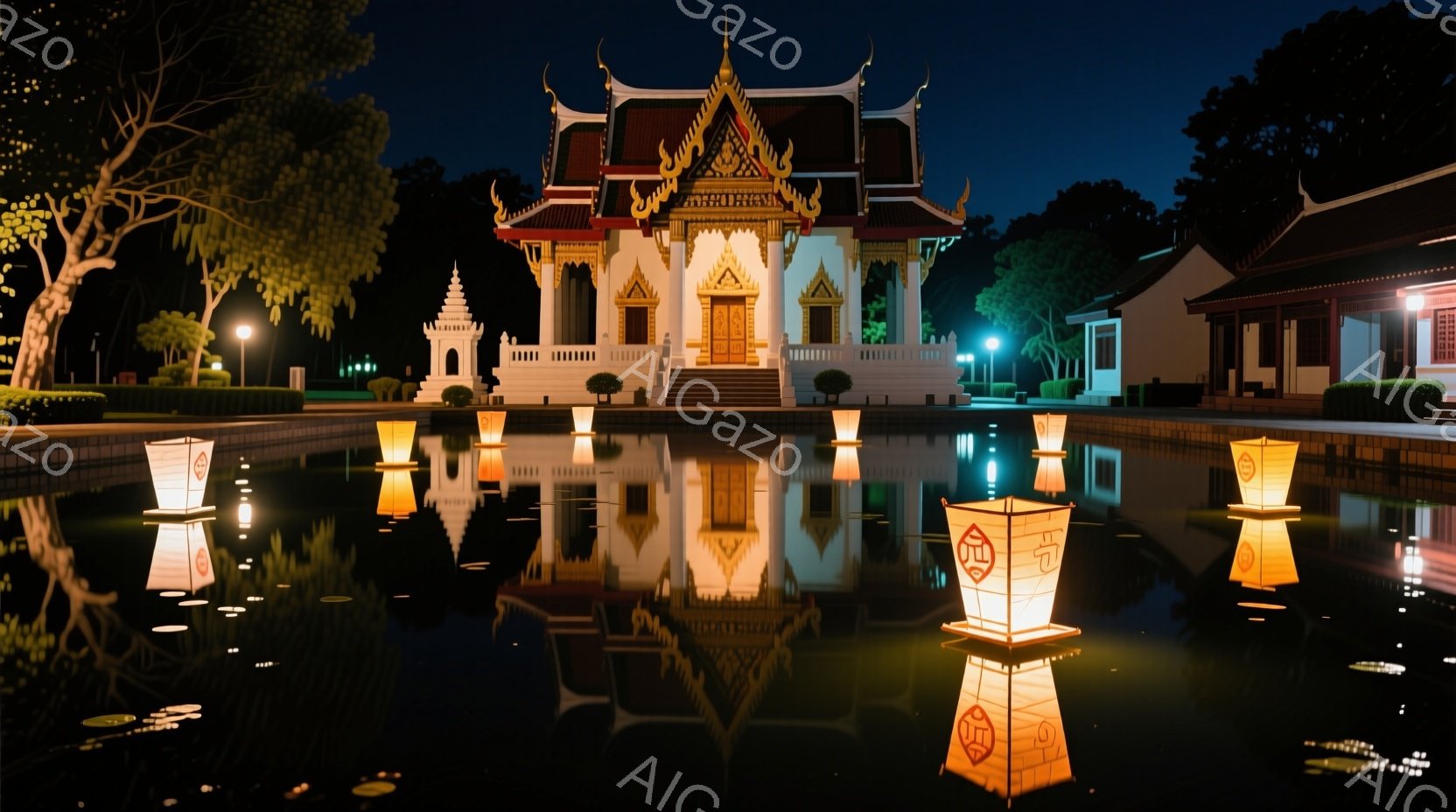 夜の寺院が水面に映り込み、幻想的な光景が広がっています。水面には提灯が浮かび、そのオレンジ色の光が水面に揺らめき、周囲の建物と木々を照らしています。寺院の複雑な装飾と水面の反射が組み合わさり、静かで神 - AI生成フリー素材