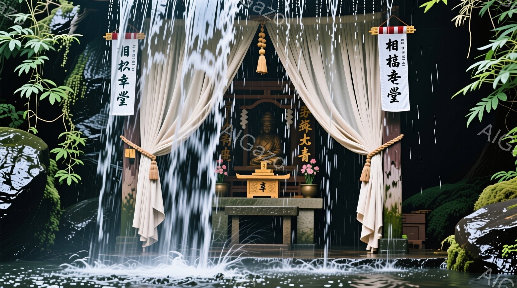 滝の前に建てられた寺院の内部が描かれています。仏像は穏やかな表情で座っており、背景には水が流れ落ちています。周りには緑豊かな植物が生い茂り、静寂で神聖な雰囲気を醸し出しています。