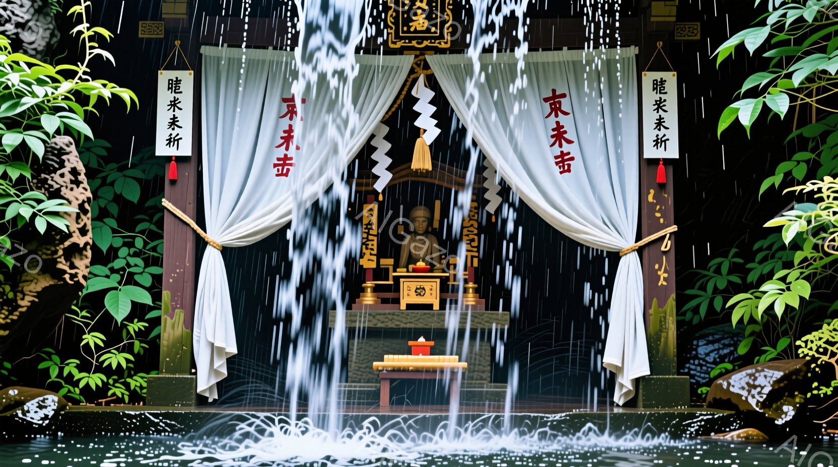 滝の中に建てられた小さな神社が描かれています。仏像は落ち着いた表情で座っており、神社の背景には飾り付けられた柱と巻物が吊り下げられています。周囲は緑豊かな植物に囲まれ、雨が降り注ぐ静かで神秘的な雰囲気を醸し出しています。