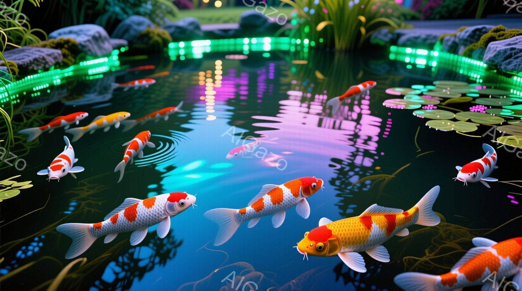 夜景の人工池に描かれたもので、多数の鯉が水中を泳いでいる。池には照明板が設置されており、水面に反射された光が水の表面に映し出されている。鯉は赤と白の模様を持っており、それぞれ独自の向きや速度で泳いでい - AI生成フリー素材