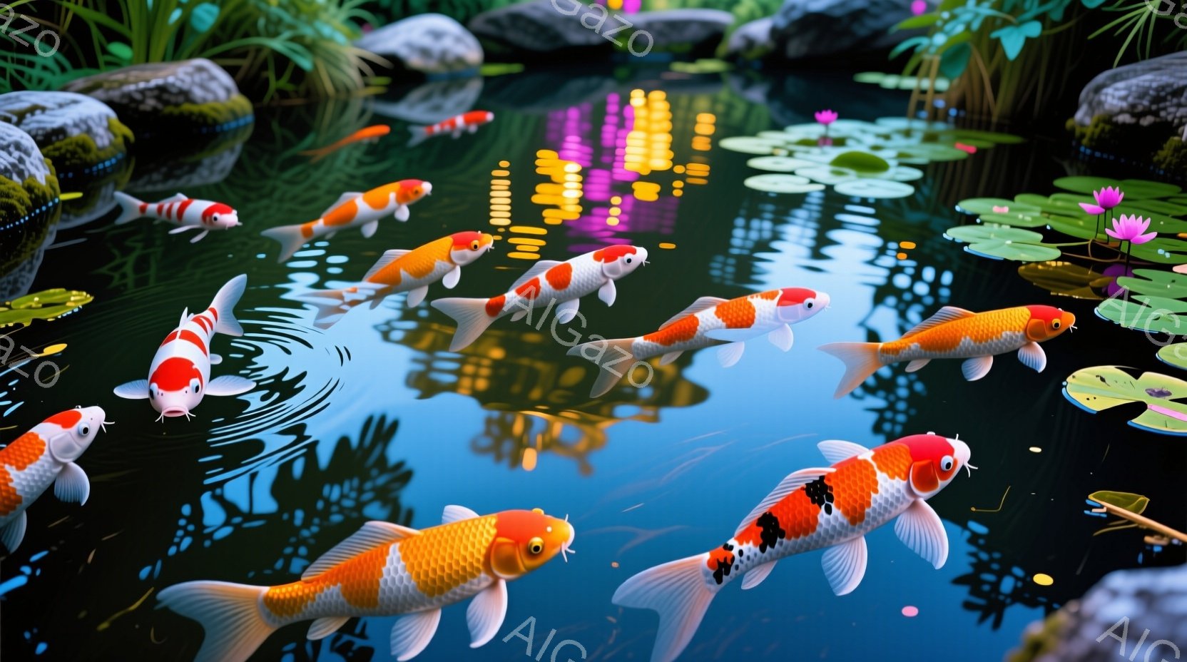 鮮やかな色の鯉が水中に優雅に泳いでいる様子が描かれています。水面には蓮の花が咲き、水中の岩や緑豊かな植物が水生環境を形成しています。背景にはぼやけた光が反射しており、幻想的で穏やかな雰囲気を醸し出して - AI生成フリー素材