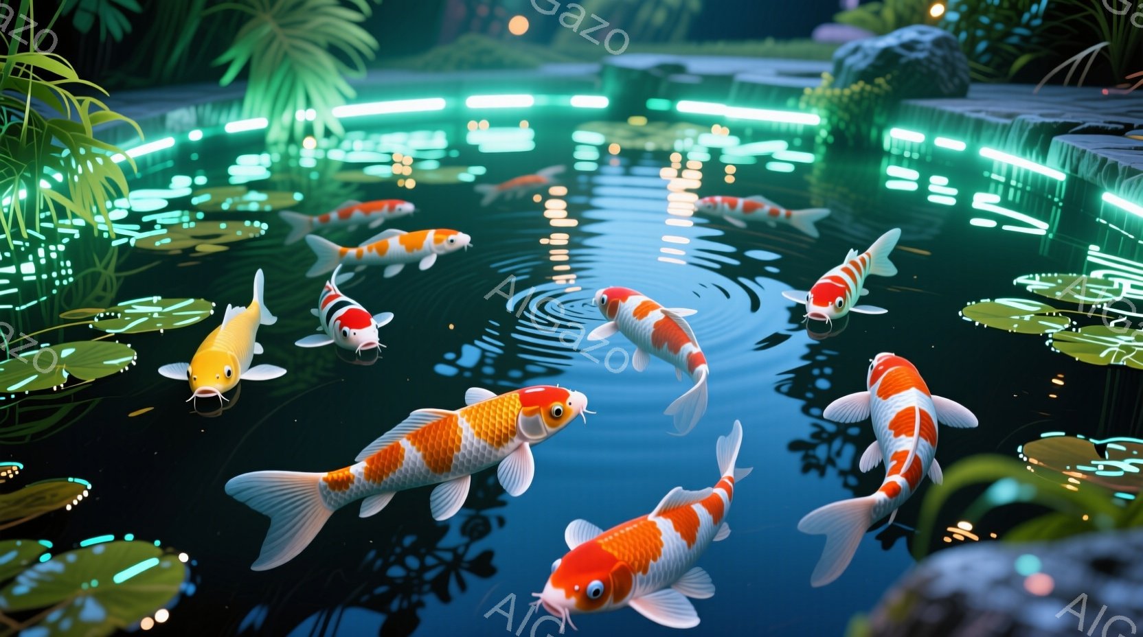 鮮やかな色彩の鯉が池の中を優雅に泳いでいる様子が描かれています。水面には光が反射し、水生植物が池の縁を彩り、静かで穏やかな雰囲気を醸し出しています。鯉たちはそれぞれ異なる模様を持ち、生き生きとした表情で、見る人に安らぎを与えます。
