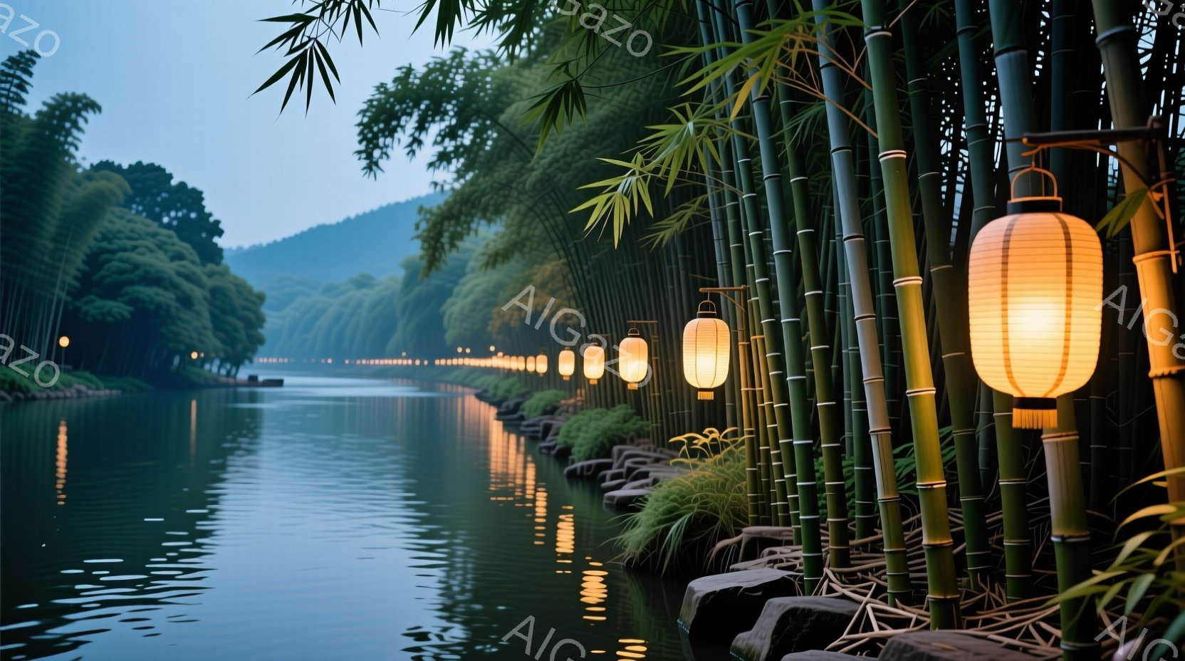 静かな川沿いに、竹林が立ち並び、川面にはオレンジ色の提灯が連なっている。水面は穏やかで、提灯の光が水面に反射し、幻想的な雰囲気を醸し出している。背景には緑豊かな木々が広がり、静寂と安らぎに満ちた風景で - AI生成フリー素材