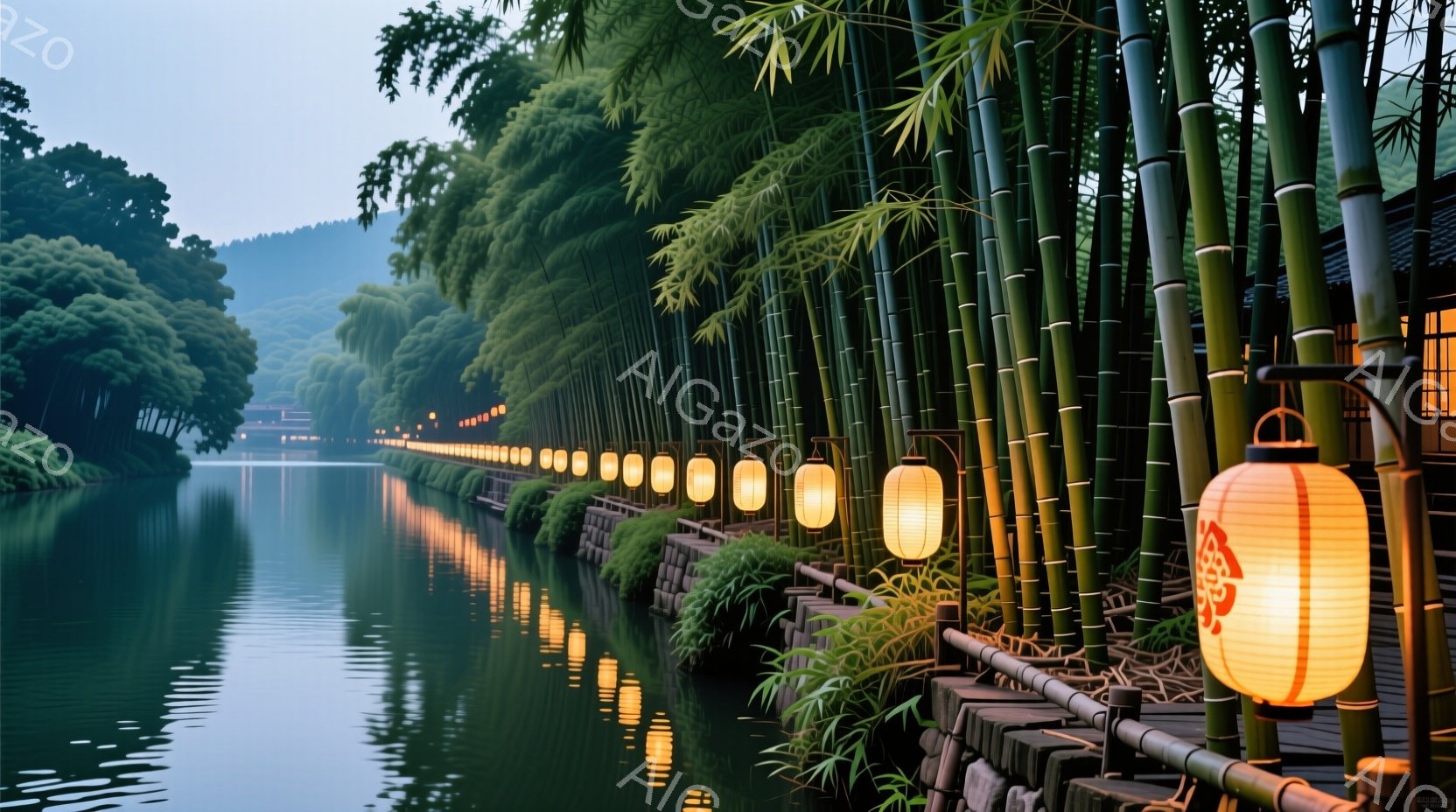 鮮やかな緑の竹林が、穏やかな川沿いに長く続いています。川面には、提灯の温かい光が反射し、幻想的な雰囲気を醸し出しています。背景には深い緑の木々が見え、静かで平和な自然の風景が広がっています。 - AI生成フリー素材