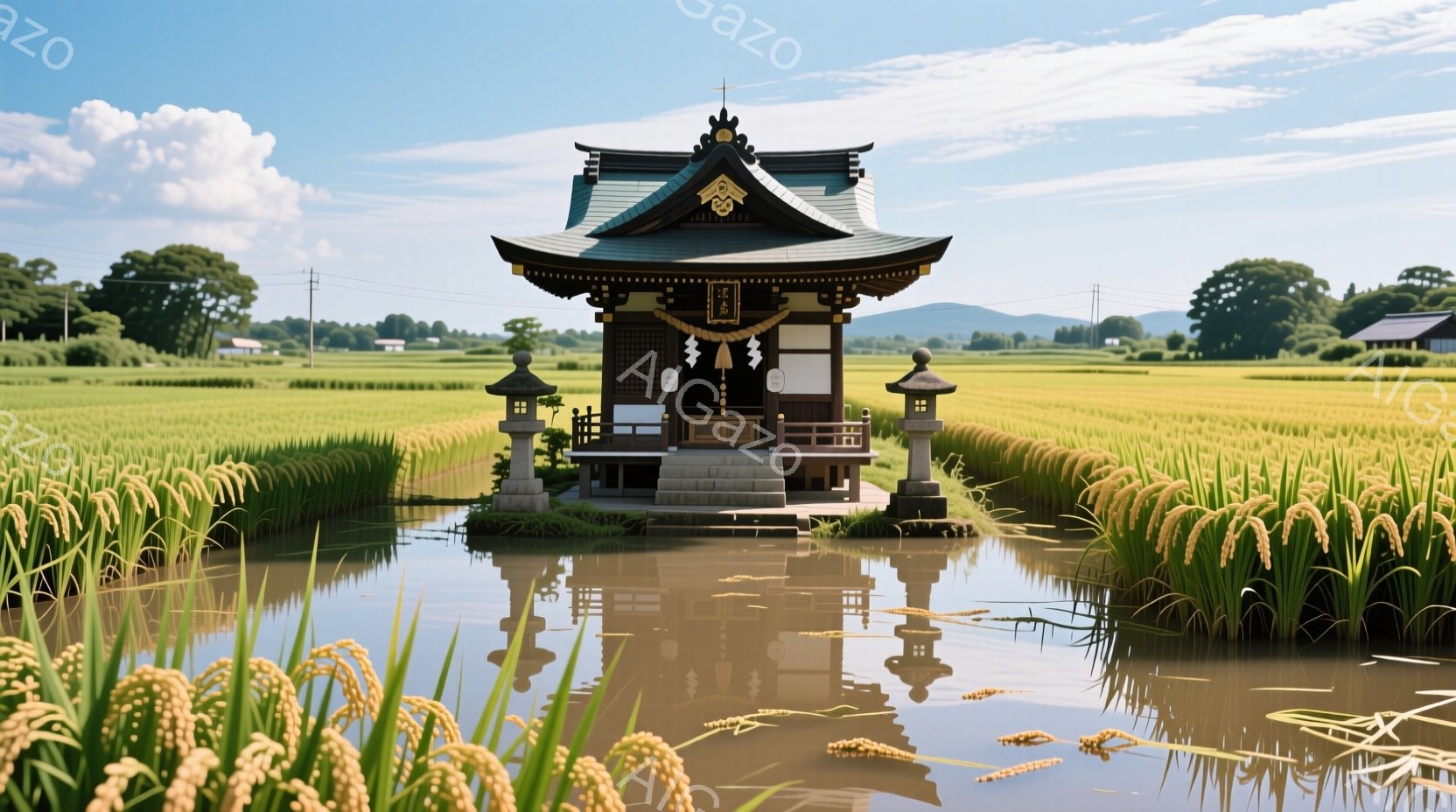 広大な水田の中に、小さな石造りの祠が静かに佇んでいます。黄金色に輝く稲穂が祠を取り囲み、水面に祠の姿が鮮やかに映し出されています。背景には青い空と緑の山々が広がり、穏やかで平和な田園風景が広がっています。