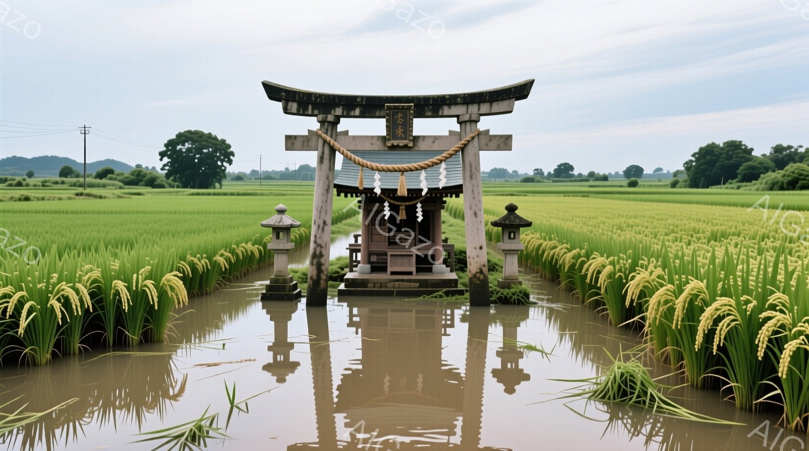 水田の中に鳥居が佇み、水面にその姿を映し出している。鳥居の周囲は緑豊かな稲田に囲まれ、遠景には木々が見える穏やかな田園風景が広がっている。空は曇り空で、静かで落ち着いた雰囲気が漂っている。 - AI生成フリー素材