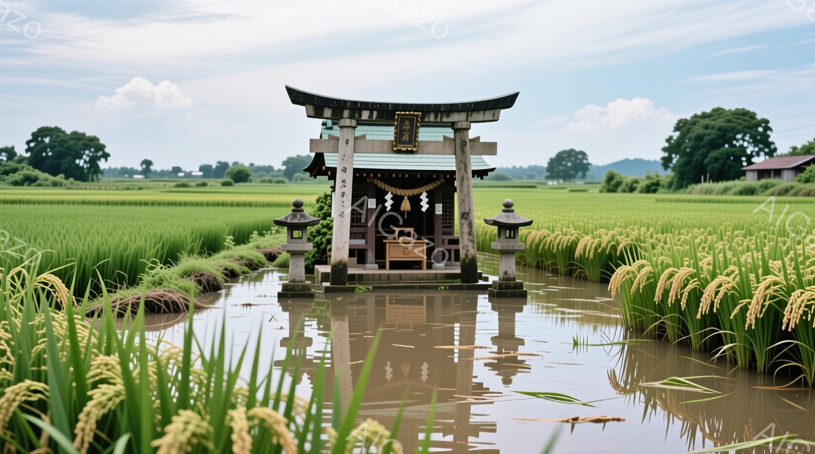 広大な田んぼの中に、小さな祠が水の中に建てられています。祠は木造で、屋根には緑色の瓦が葺かれ、両脇には石灯籠が設置されています。背景には緑豊かな田園風景が広がり、穏やかな天気と水面に映る祠の姿が、静かで平和な雰囲気を醸し出しています。