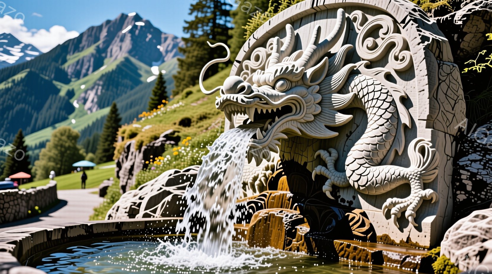 日本の景観を表す美しい場所であり、そこに石造りの噴水があるという設定です。噴水の上には、中国の伝統的な龍の彫像があり、周りには多くの草地や樹木が見られます。背景には山や権峰があり、天気は晴れで、日光が明るいと感じさせます。人物はいないものの、この場所を楽しむ観光客が想像されます。全体として、静かで平和な雰囲気があり、日本の自然や文化に関連する場所であることが感じられます。