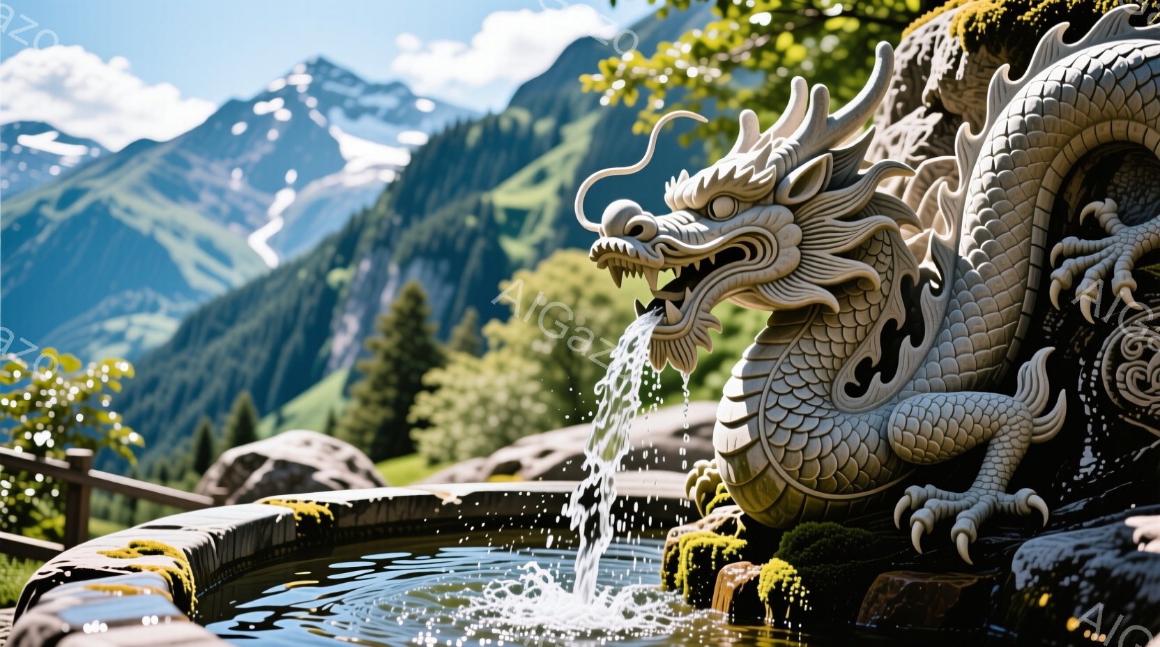 石造りの龍の頭から水が流れ出る様子が写っている。背景には緑豊かな山々が広がり、晴天の下で穏やかな雰囲気が漂っている。龍の彫刻は精巧で、苔むした石と水がその存在感を際立たせている。