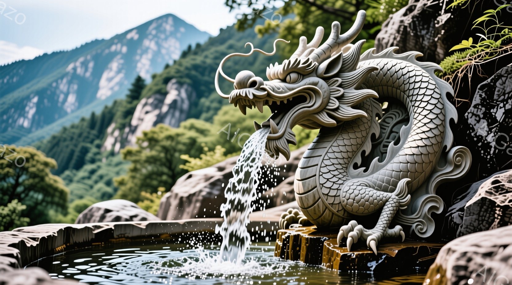 石造りの龍が水を吐き出している様子が写っています。龍は力強い姿勢で座っており、精巧な彫刻が施された鱗や爪が特徴的です。背景には緑豊かな山々が広がり、水面には水しぶきが飛び散り、静かで神秘的な雰囲気を醸 - AI生成フリー素材