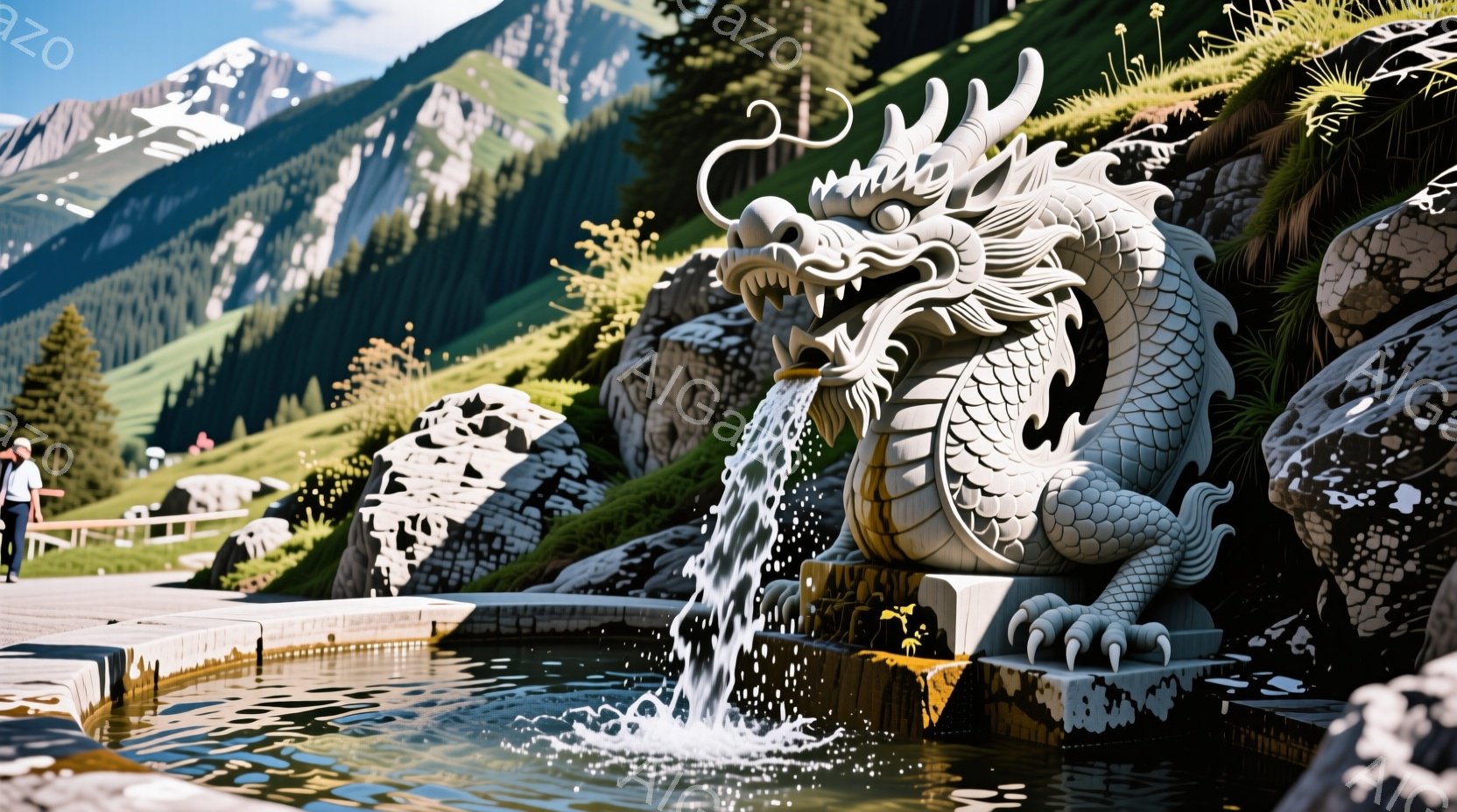 岩でできた池の縁に、白い彫刻の龍が設置されており、口から水が流れ出している。背景には緑豊かな山々と青空が広がり、晴天の下、自然豊かな風景が広がっている。彫刻の龍は、力強くもどこか優雅な印象を与え、池と - AI生成フリー素材