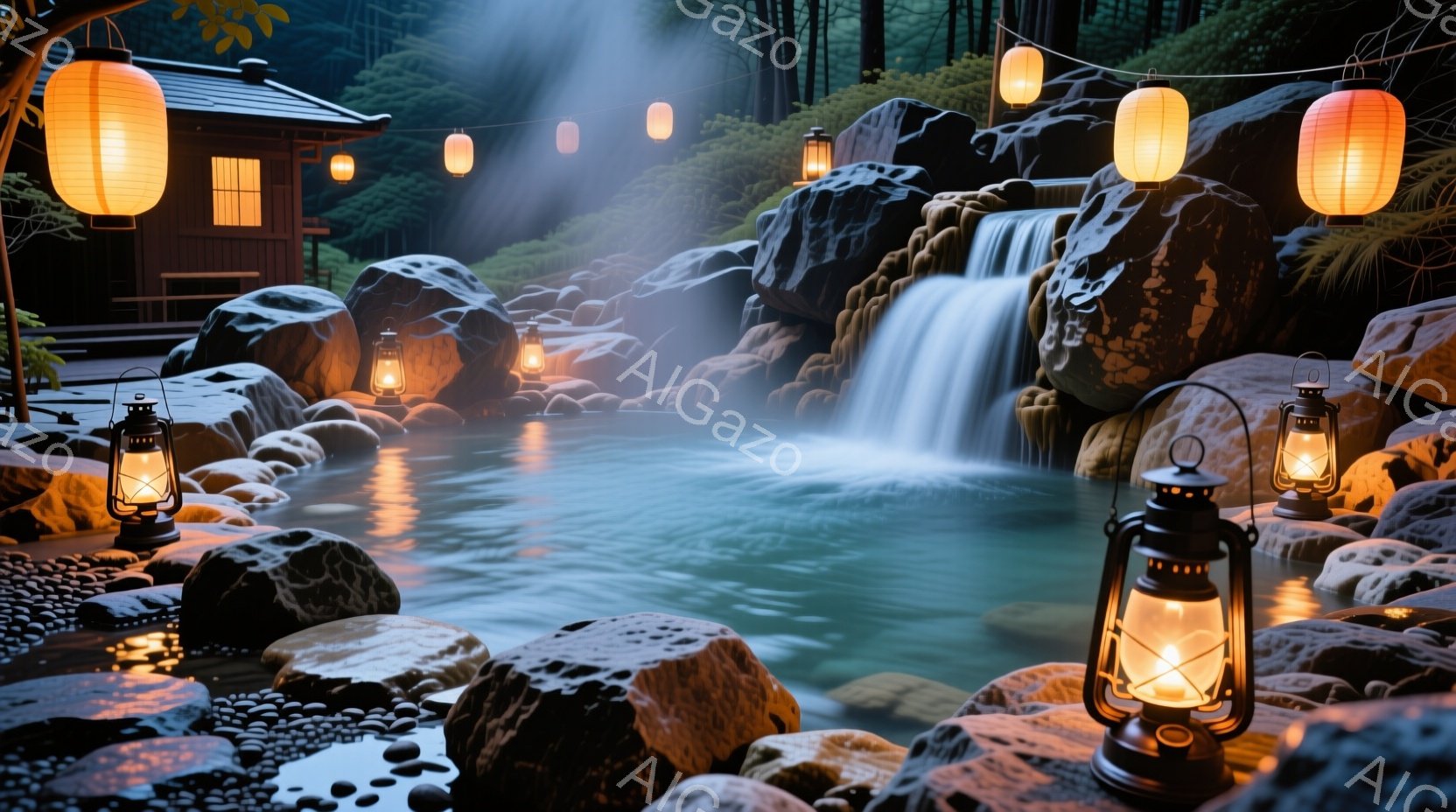 夜の河岸にて、石垣の前に立つ一人の子ども。小さな灯りが並び、滝の音と雨の気配を感じる。寒いですが、子どもは興奮しており、大切な写真の思い出を作っています。