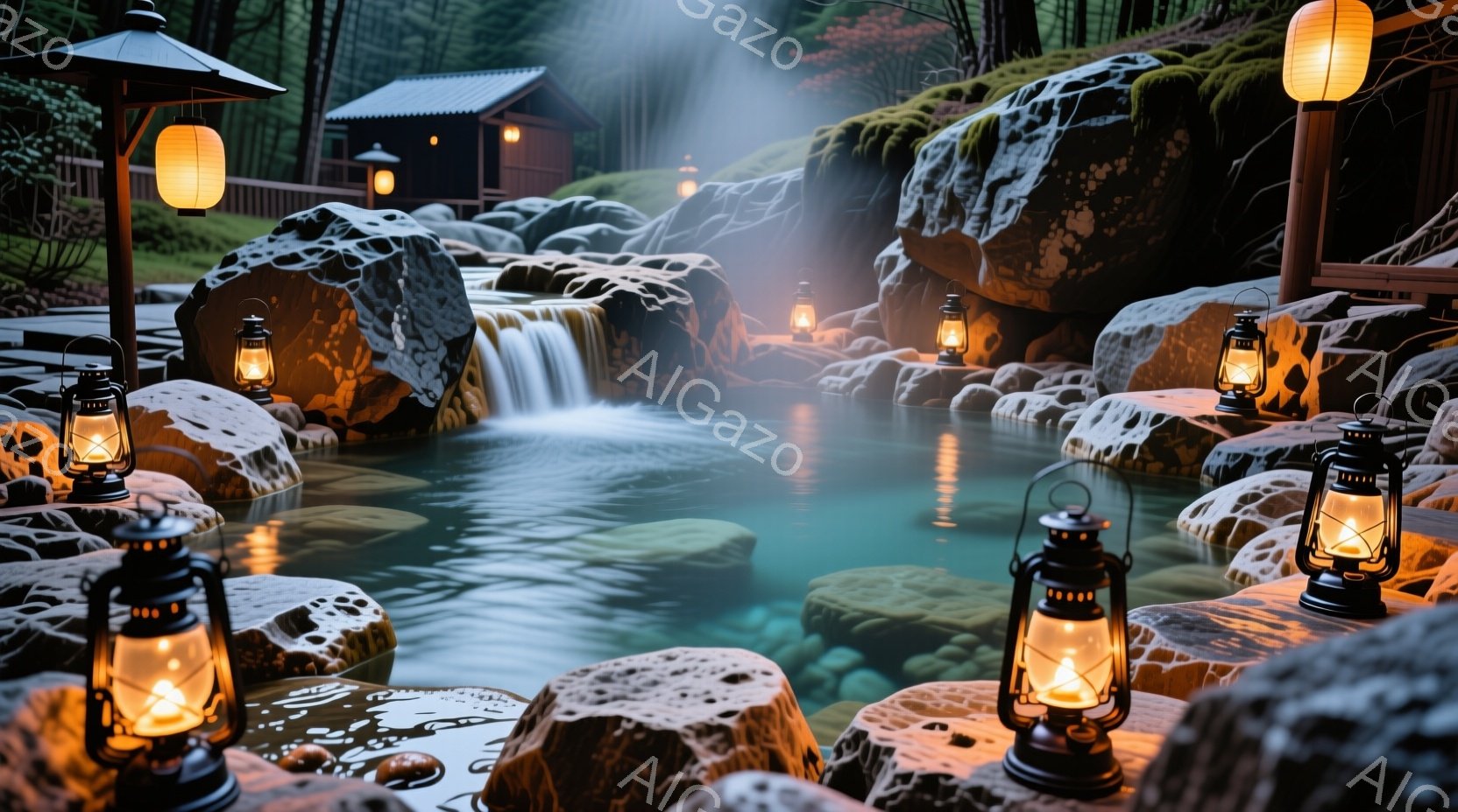 岩に囲まれたターコイズブルーの温泉が印象的な風景です。温泉の周囲にはオイルランプが配置され、暖かく幻想的な雰囲気を醸し出しています。背景には日本の伝統的な建物と緑豊かな自然が広がり、静寂と安らぎに満ち - AI生成フリー素材