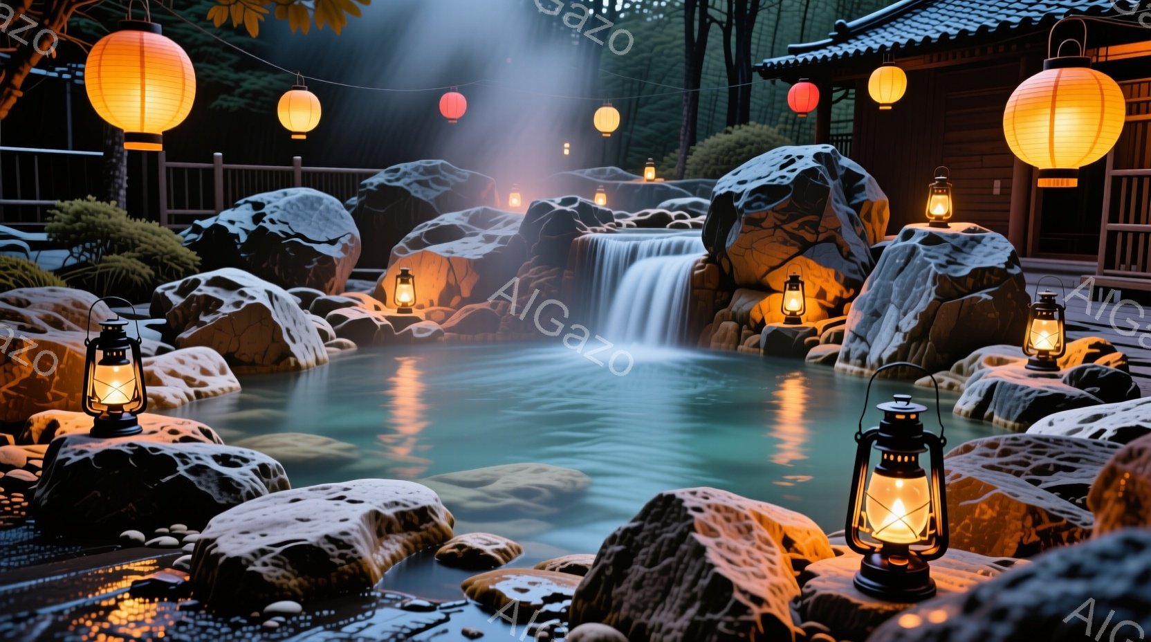 夜景であり、日本風の庭園が中心となっています。多くの小さな灯り（点燈）が並んでおり、それにより水面の周りが彩られています。竜宮城の風格が感じられます。人物は見当たらず、私はこのシーンを視覚的に描写でき - AI生成フリー素材