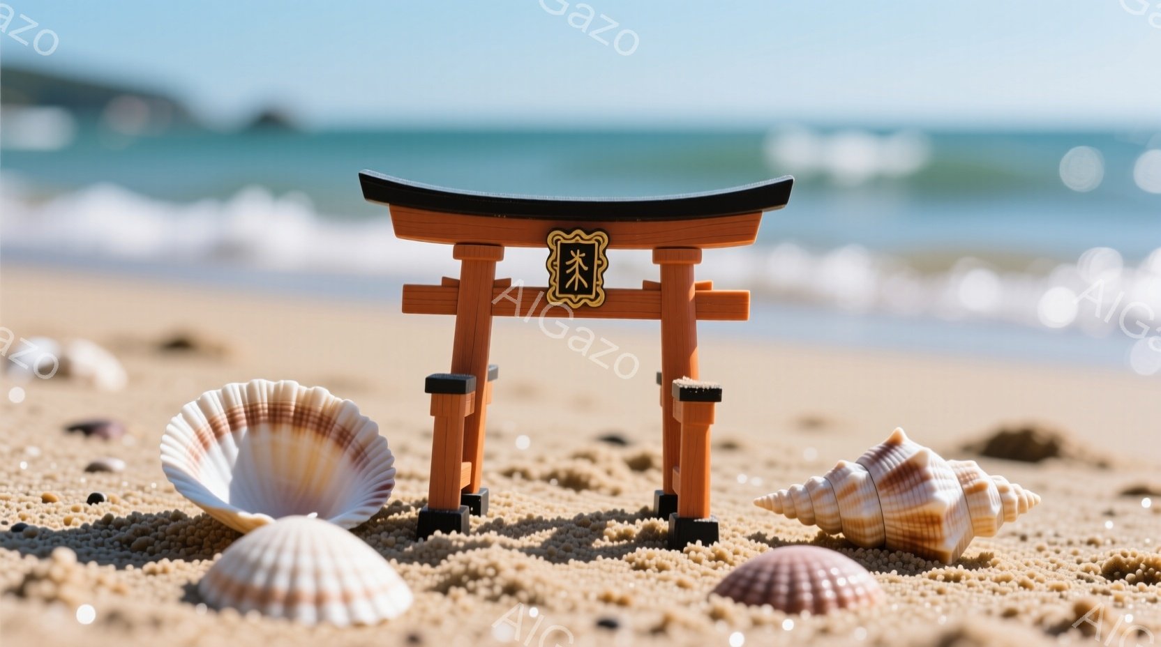 砂浜に小さな鳥居が置かれ、周囲には様々な貝殻が散らばっている。背景には穏やかな青い海が広がり、晴天の空が海面に反射している。全体的に、静かで穏やかな夏の日のビーチの雰囲気が漂っている。 - AI生成フリー素材