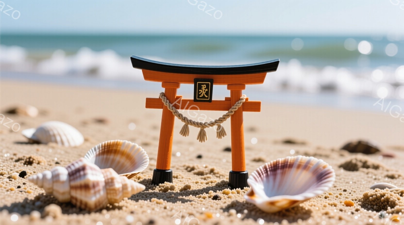 押し入れの中にあるミニチュアのお宅が、真鍋（タイダル）とシーラカンと共に海岸の砂浜に展示されています。その周りには残花が散らばっているようです。お宅には蓆（あわび）のインスタグラムが挿入されており、風情や雰囲気は日本の神社風と言えます。